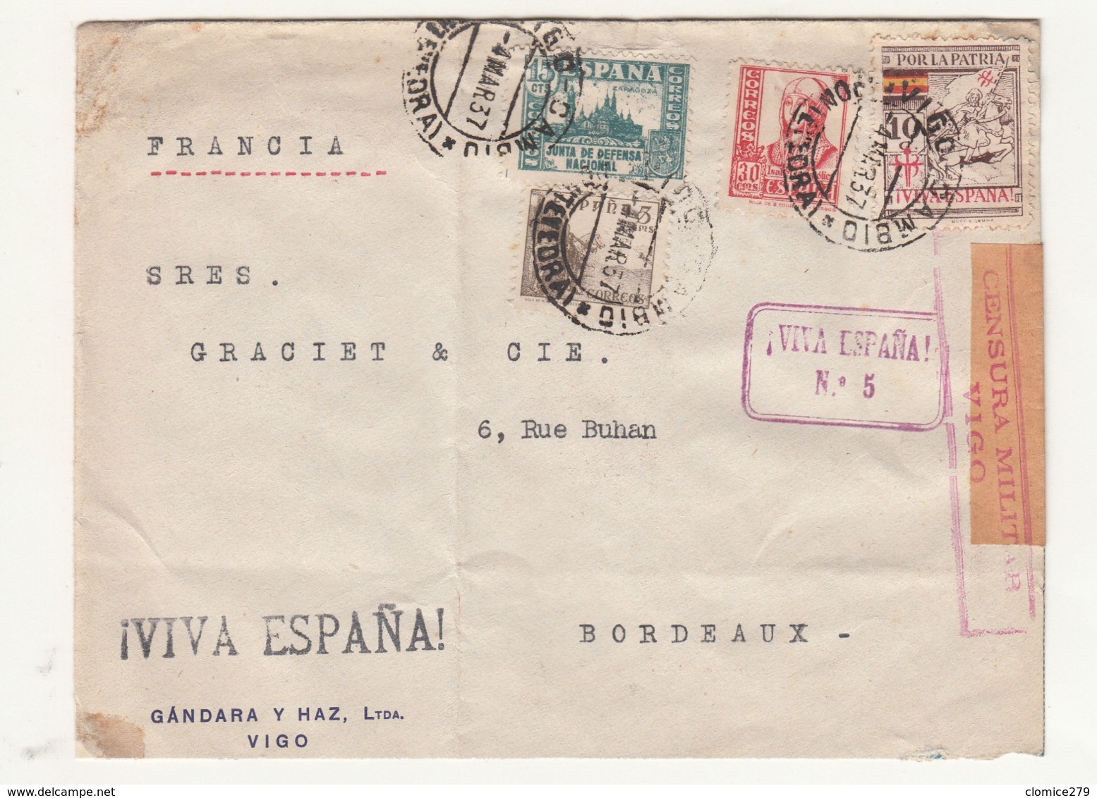 Espagne     Enveloppe  1939  Vers La France  Censure  Cachet   Vogo - Republikanische Zensur