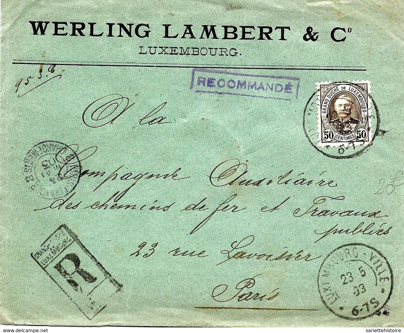 SH 0173. N° 63 LUXEMBOURG-VILLE 23.5.93 S/Lettre RECOMMANDEE Vers Paris - 1891 Adolphe De Face