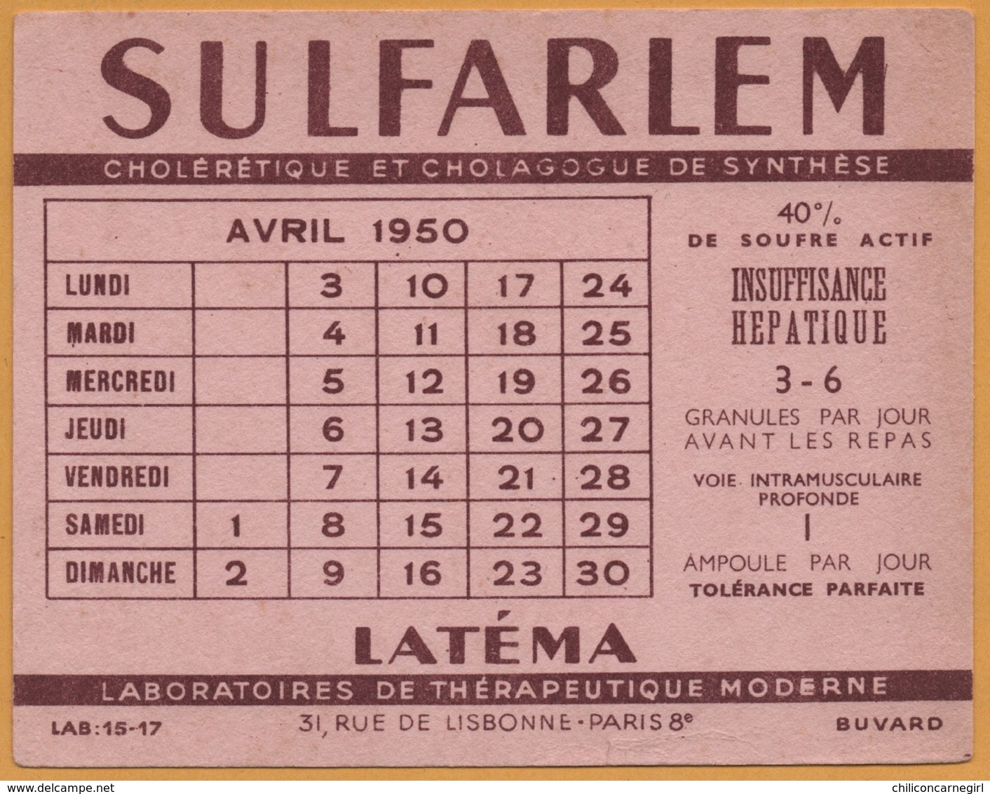 BUVARD - BLOTTING PAPER - SULFARLEM - LATEMA - Laboratoires De Thérapeutique 31, Rue De Lisbonne PARIS 8e - 1950 - Produits Pharmaceutiques