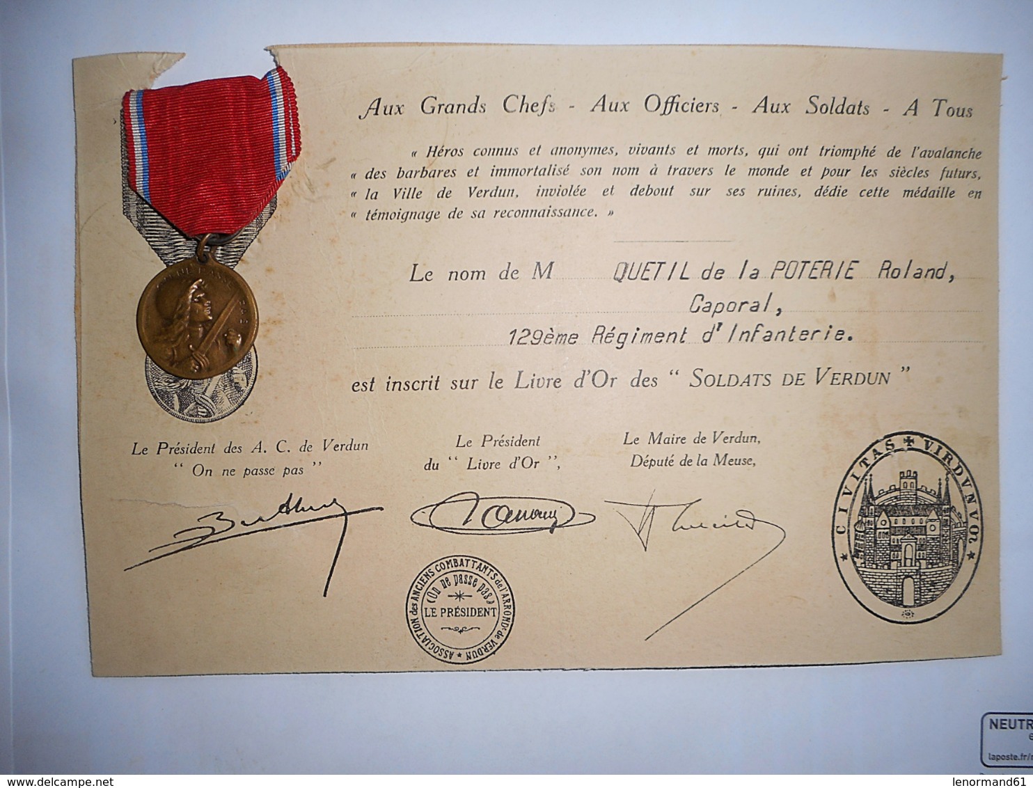 MEDAILLE DE VERDUN 1916 Et Diplome ON NE PASSE PAS CAPORAL 129 EME REGIMENT INFANTERIE - France