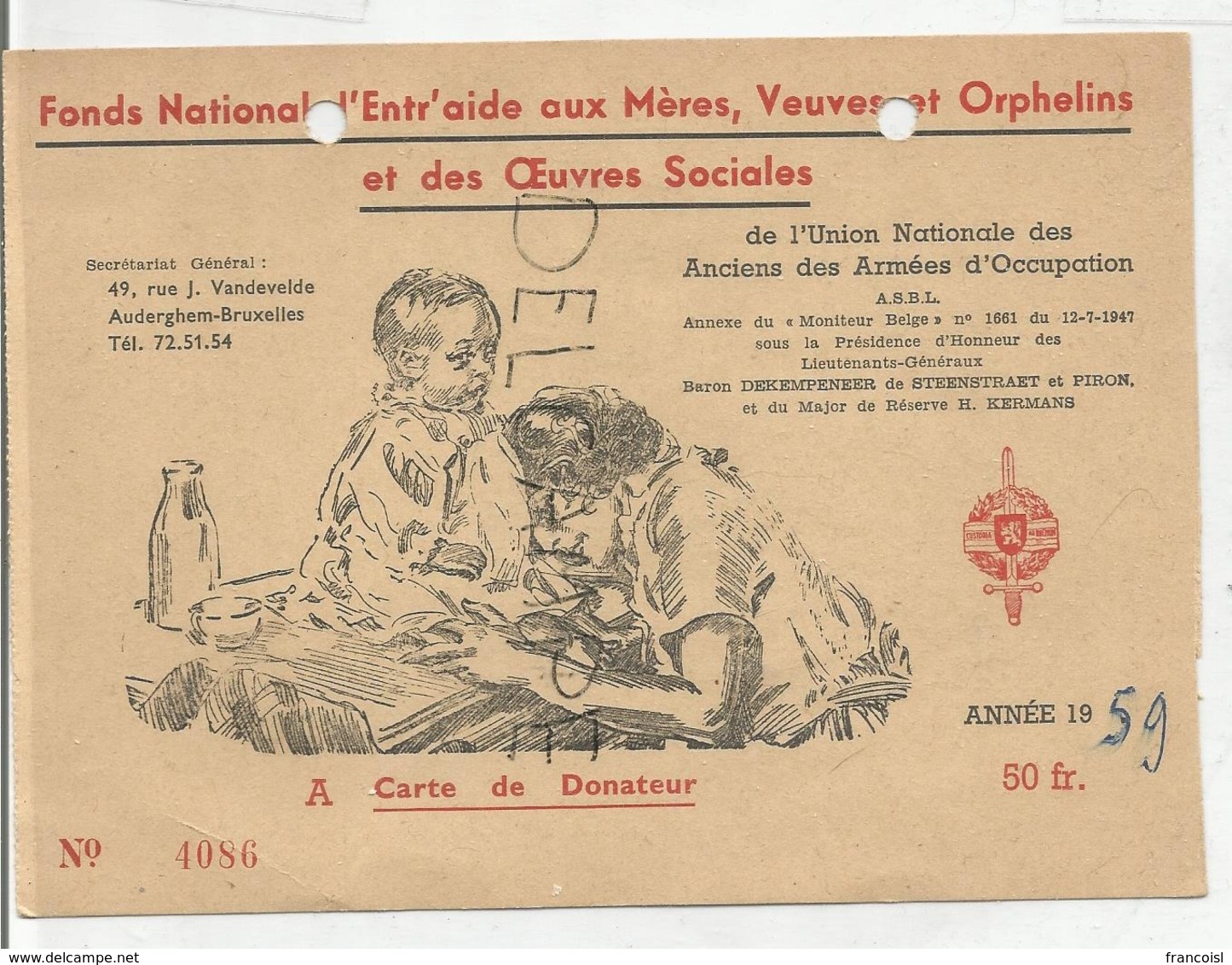 Fonds National D'entraide Aux Mères, Veuves Et Orphelins Et Des œuvres Sociales. Carte De Donateur. - Documentos Históricos