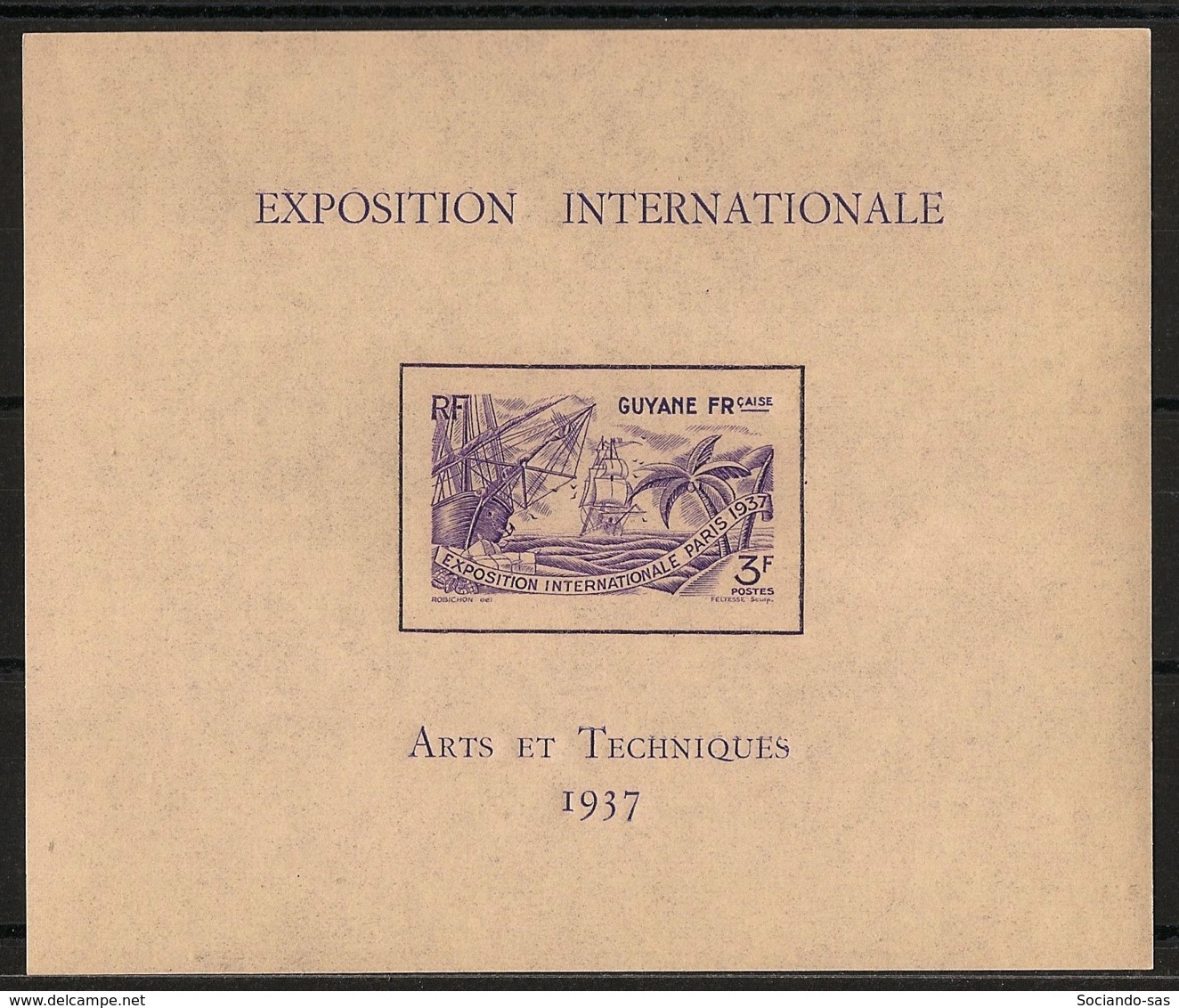 Guyane - 1937 - Bloc Feuillet BF N°Yv. 1 - Exposition Internationale - Neuf Luxe ** / MNH / Postfrisch - Unused Stamps