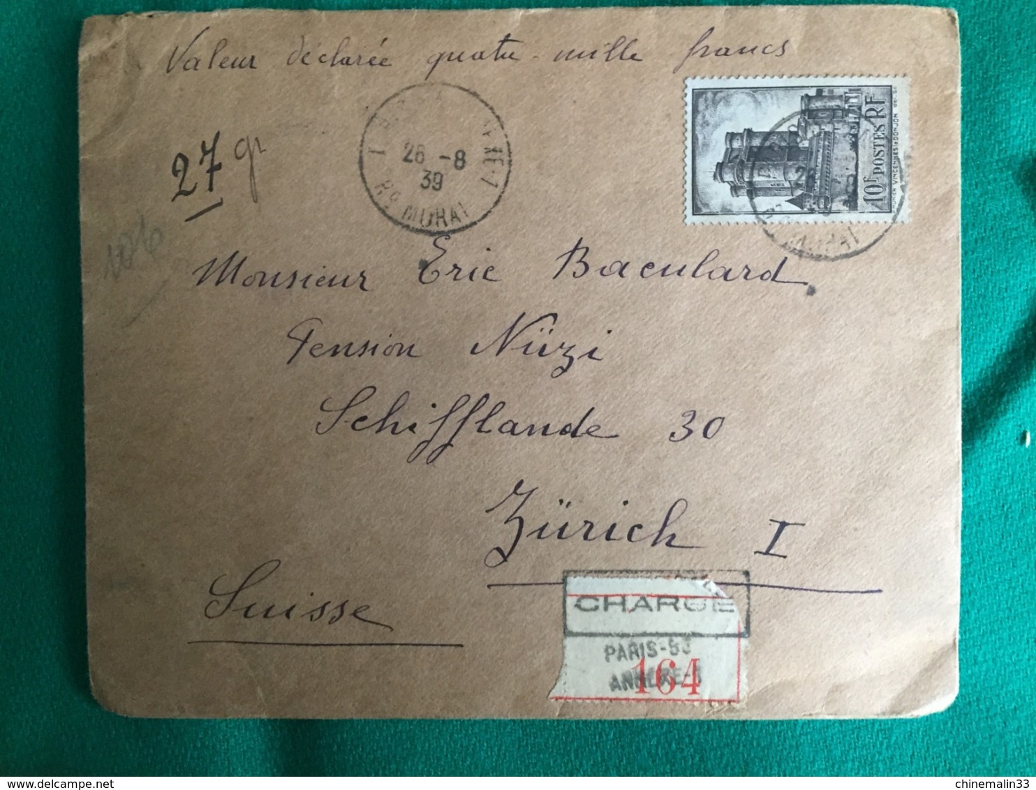 FRANCE  LETTRE CHARGÉE DE MURÂT A ZURICH VALEUR DÉCLARÉE 4000 FRANCS - Cartas & Documentos