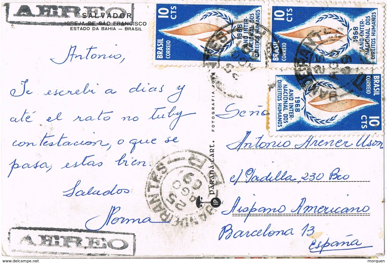 34725. Postal Aerea BANDEIRANTES (Brasil) 1969. Salvador Iglesia San Francisco. BAHIA - Lettres & Documents