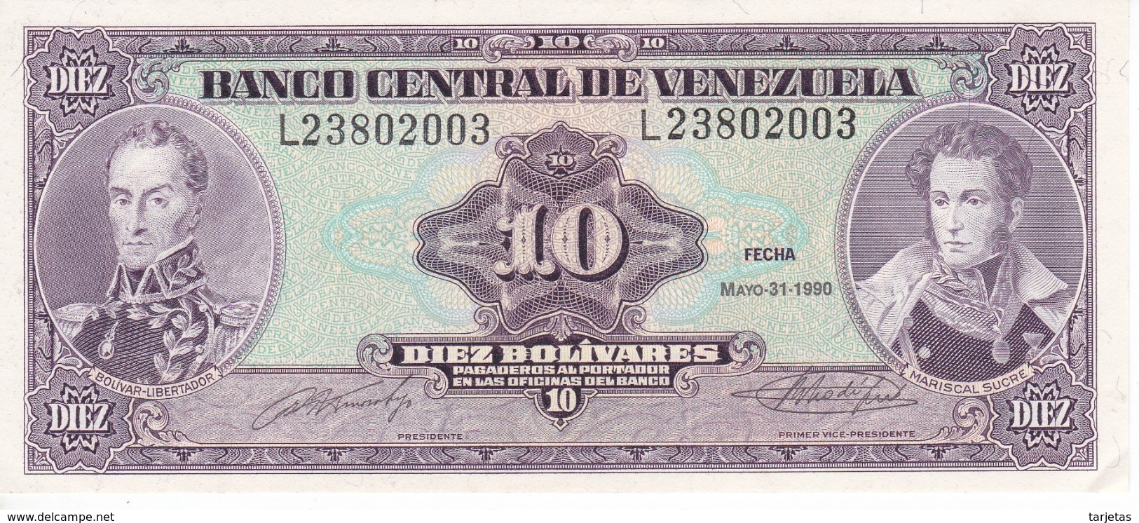 BILLETE DE VENEZUELA DE 10 BOLIVARES DEL AÑO 1990 SIN CIRCULAR  (BANKNOTE) UNCIRCULATED - Venezuela