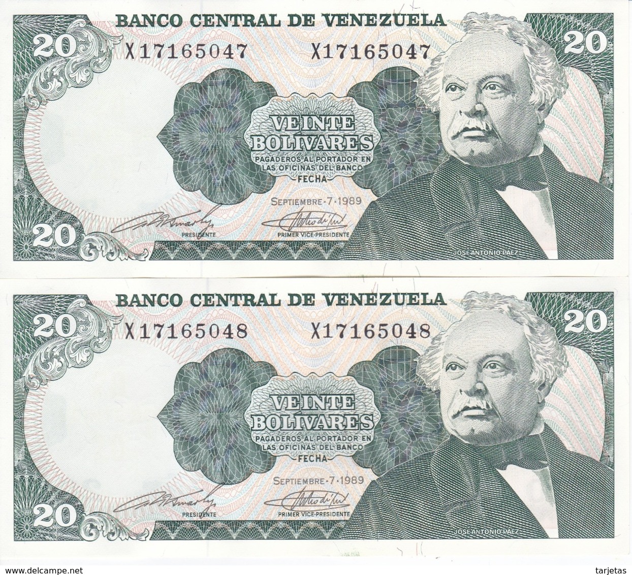 PAREJA CORRELATIVA DE VENEZUELA DE 20 BOLIVARES DEL AÑO 1989 SIN CIRCULAR  (BANKNOTE) UNCIRCULATED (BANKNOTE) - Venezuela