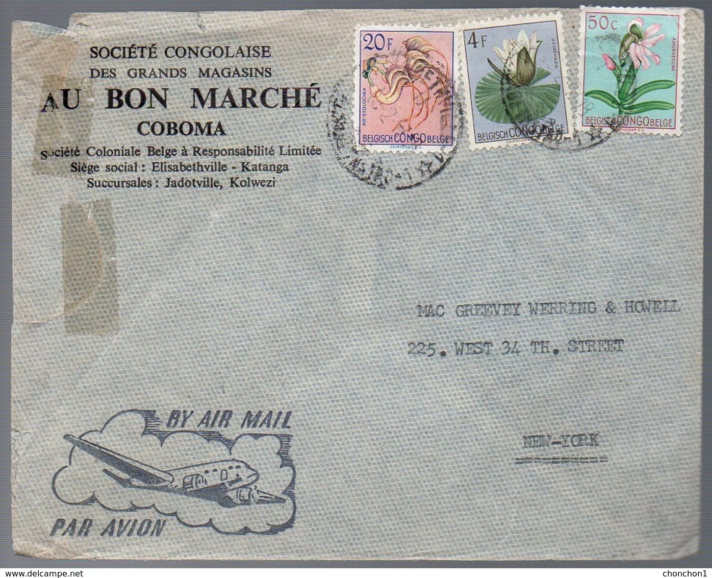 CONGO - Obl - Elisabethville 1 U Vers USA  -  20F FLOWER COB 321 - Rare On Cover - UN5 - Lettres & Documents