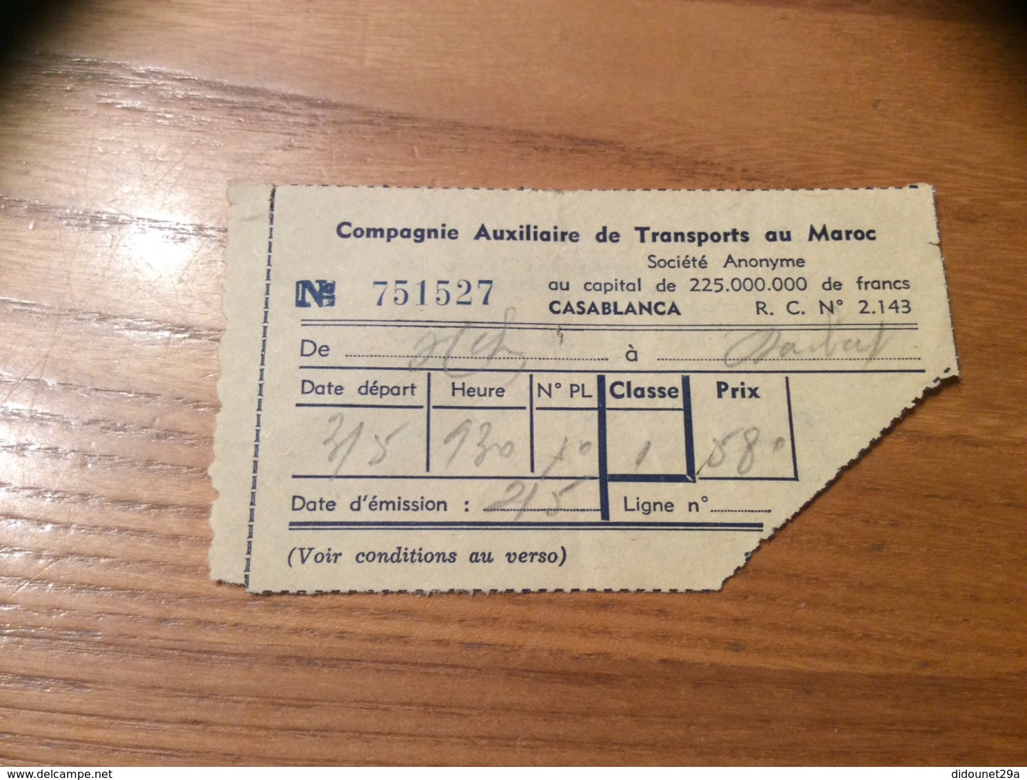 Ancien Ticket De Transport * (car) Compagnie Auxiliaire De Transports Au Maroc - Casablanca 1956 - Welt