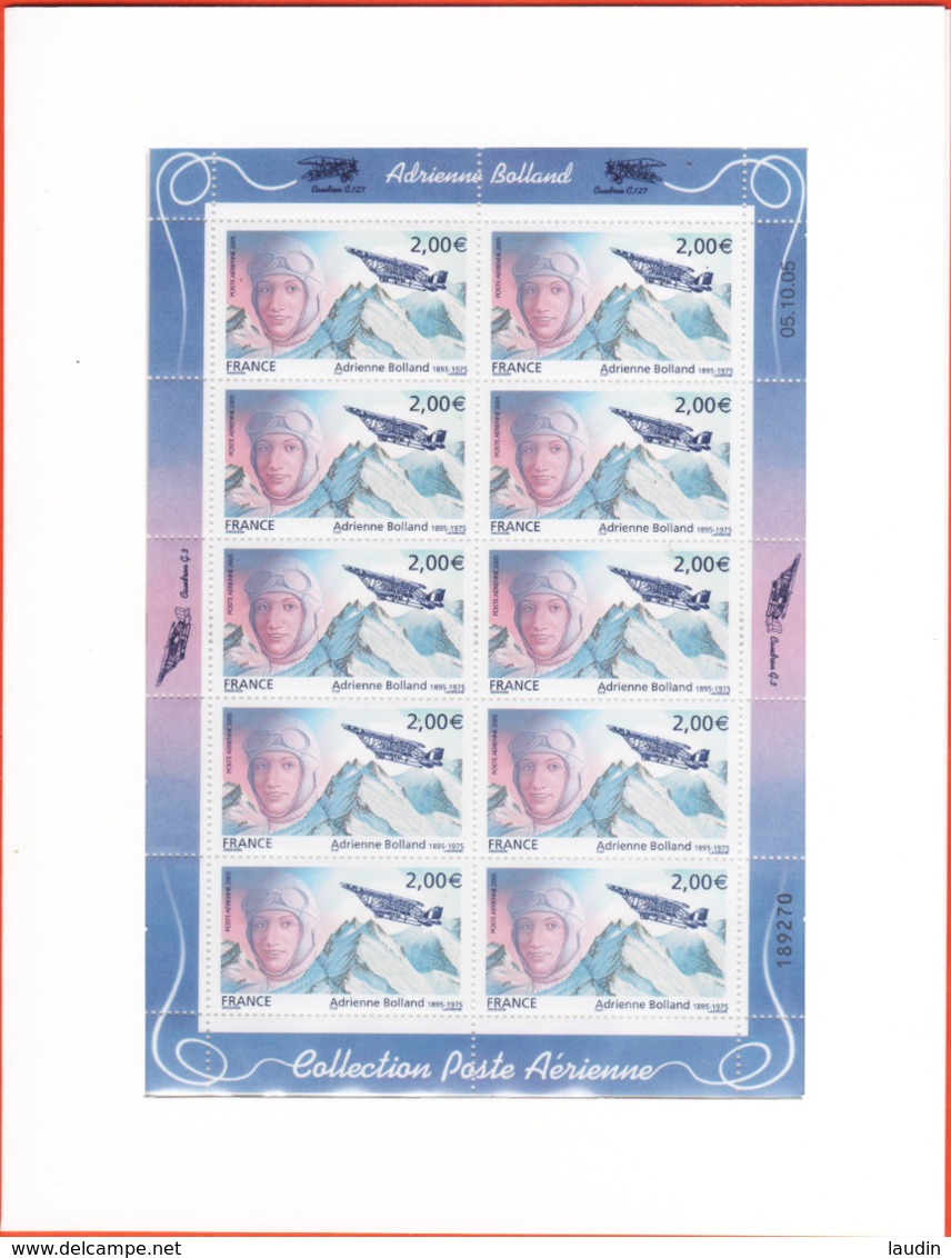 PA 68 F68a , Neuf  ** , Adrienne Bolland , Feuille De 10 Timbres Cadre Blanc , Port Gratuit - 1960-.... Mint/hinged