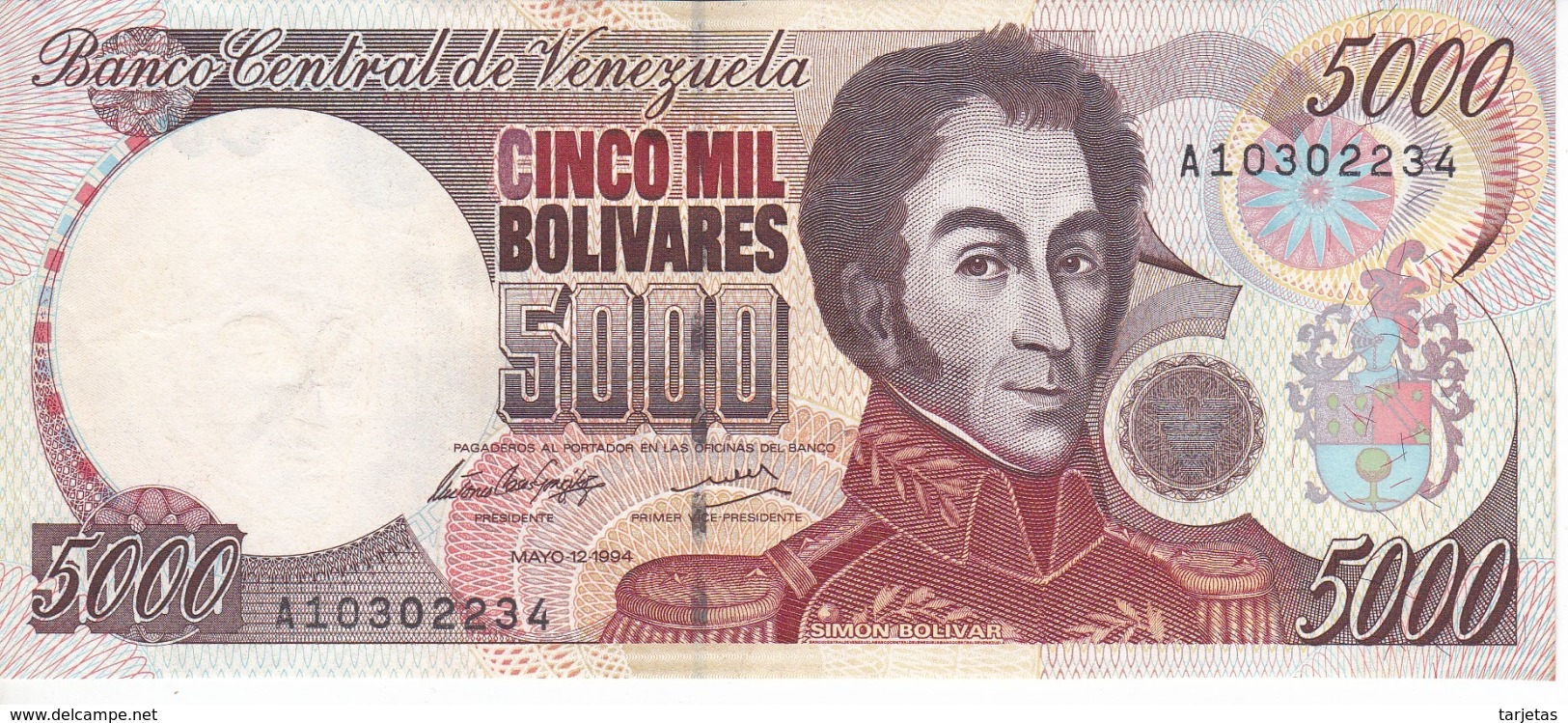 BILLETE DE VENEZUELA DE 5000 BOLIVARES DEL AÑO 1994 EN CALIDAD EBC (XF) (BANKNOTE) - Venezuela