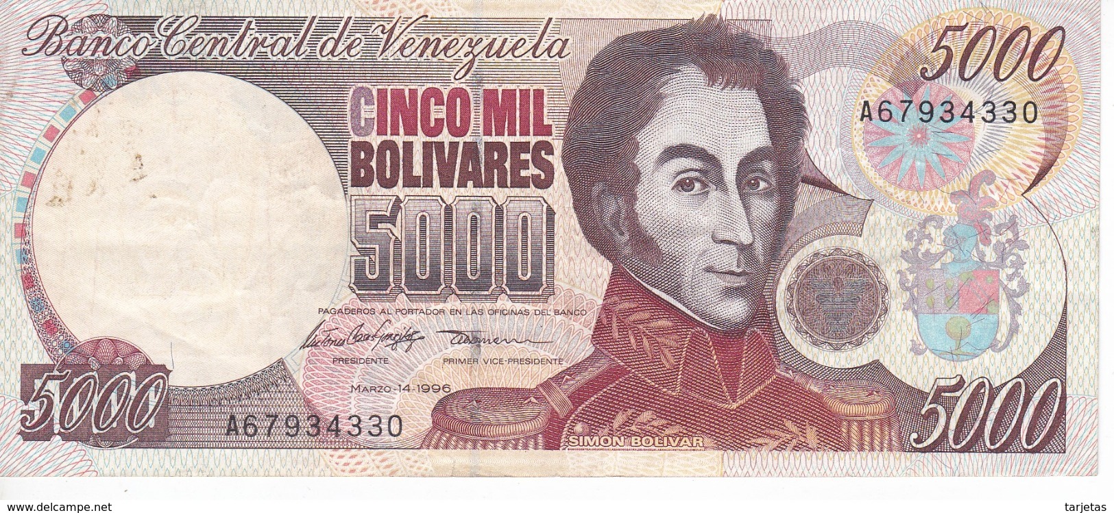 BILLETE DE VENEZUELA DE 5000 BOLIVARES DEL AÑO 1996  (BANKNOTE) - Venezuela