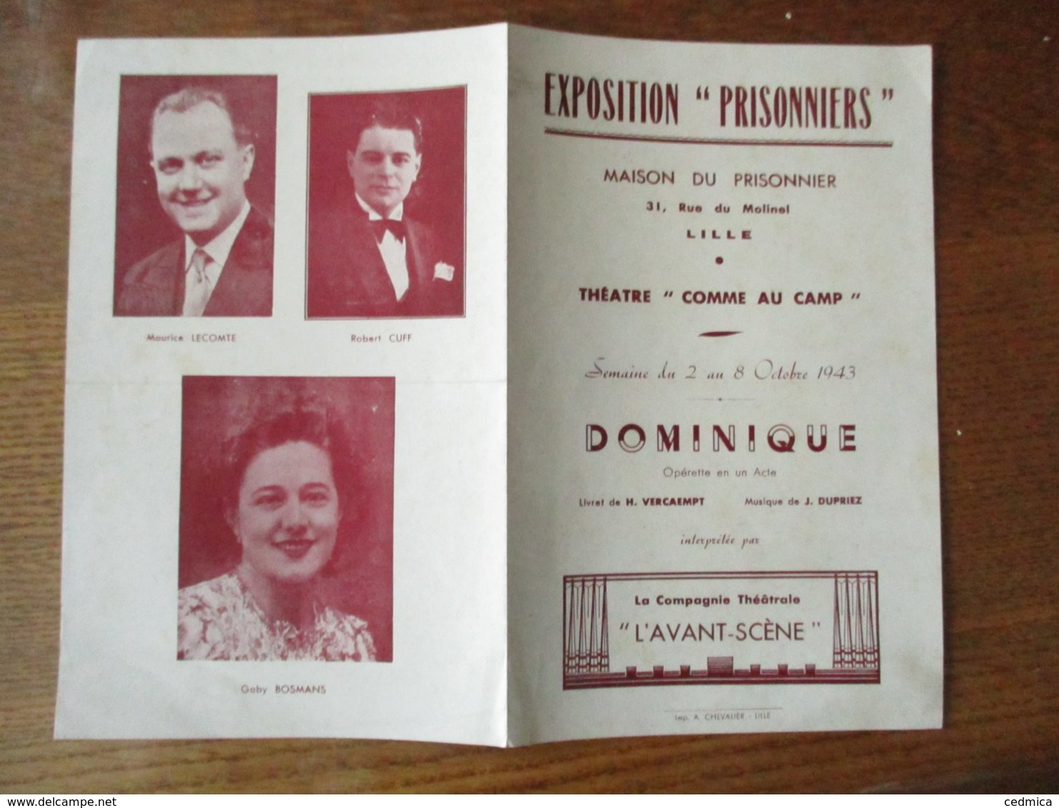 EXPOSITION "PRISONNIERS" MAISON DU PRISONNIER 31 RUE DU MOLINEL LILLE SEMAINE DU 2 AU 8 OCTOBRE 1943 THEATRE "COMME AU C - Programma's