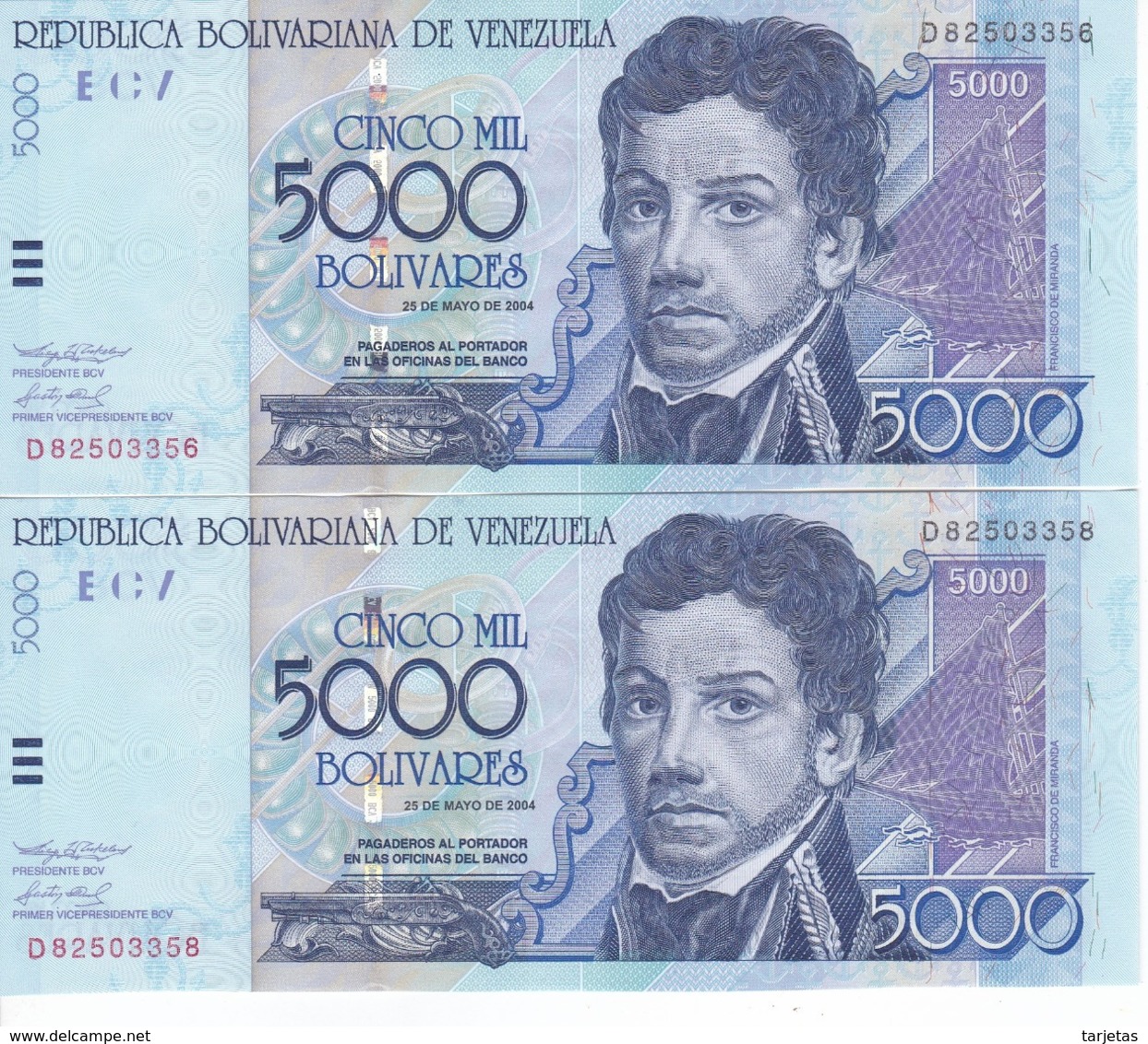 PAREJA IMPAR DE VENEZUELA DE 5000 BOLIVARES DEL AÑO 2004 EN CALIDAD EBC (XF) (BANKNOTE) - Venezuela