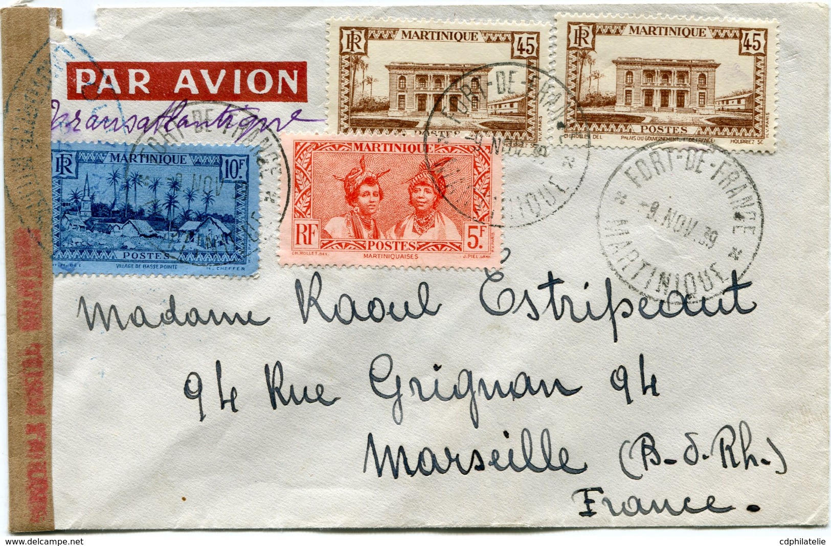 MARTINIQUE LETTRE PAR AVION CENSUREE DEPART FORT-DE-FRANCE 9 NOV 39 MARTINIQUE POUR LA FRANCE - Lettres & Documents