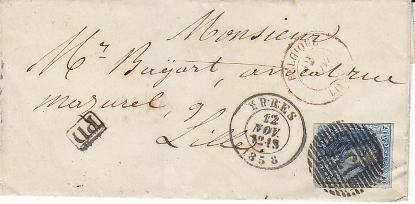 N° 11 Sur Lettre De 1858 D' Ypres Pour La France ,2 Scans - 1858-1862 Medaillen (9/12)