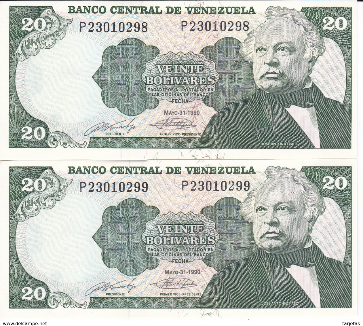 PAREJA CORRELATIVA DE VENEZUELA DE 20 BOLIVARES DEL AÑO 1990 SIN CIRCULAR  (BANKNOTE) UNCIRCULATED (BANKNOTE) - Venezuela