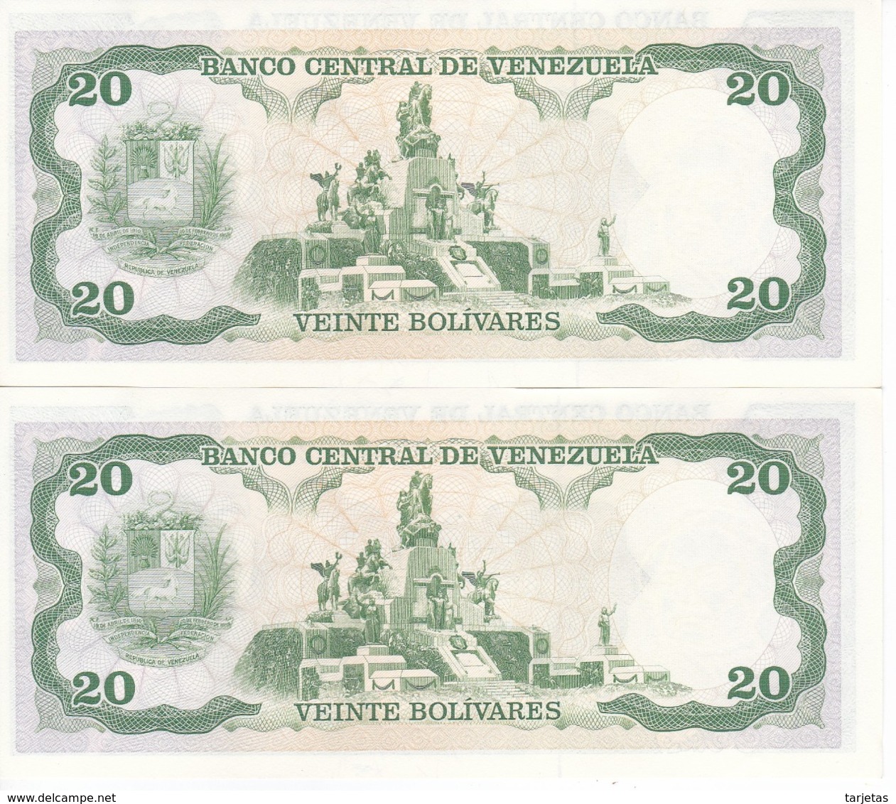 PAREJA CORRELATIVA DE VENEZUELA DE 20 BOLIVARES DEL AÑO 1990 SIN CIRCULAR  (BANKNOTE) UNCIRCULATED (BANKNOTE) - Venezuela