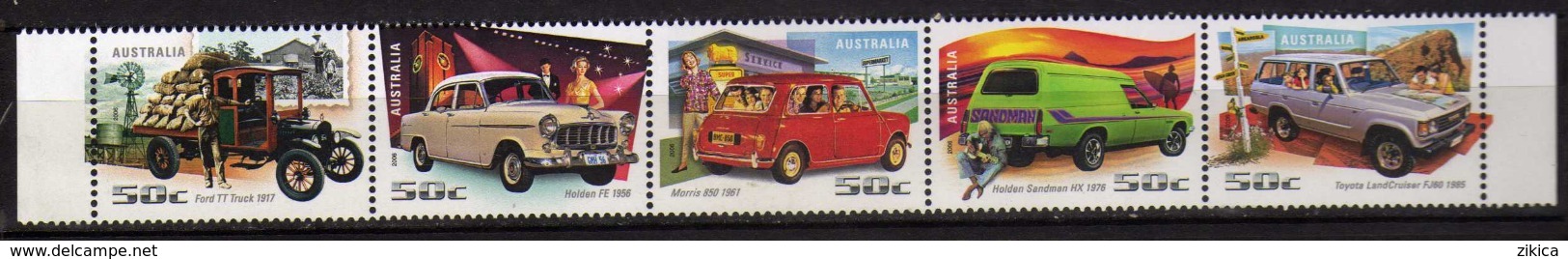 Australia 2006 Driving Through The Years.strip Of 5.Ford,Toyota,Holden,Morris,surfing.MINT/MNH - Ongebruikt