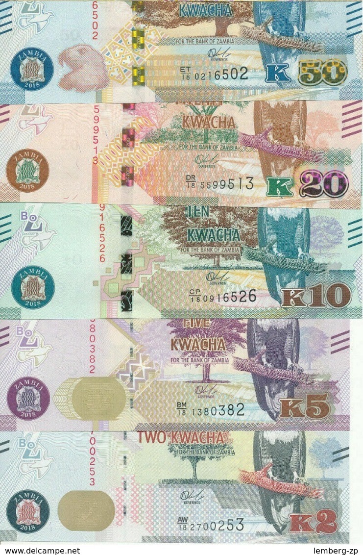 Zambia - Set 5 Banknotes 2 5 10 20 50 Kwacha 2018 UNC Lemberg-Zp - Zambia