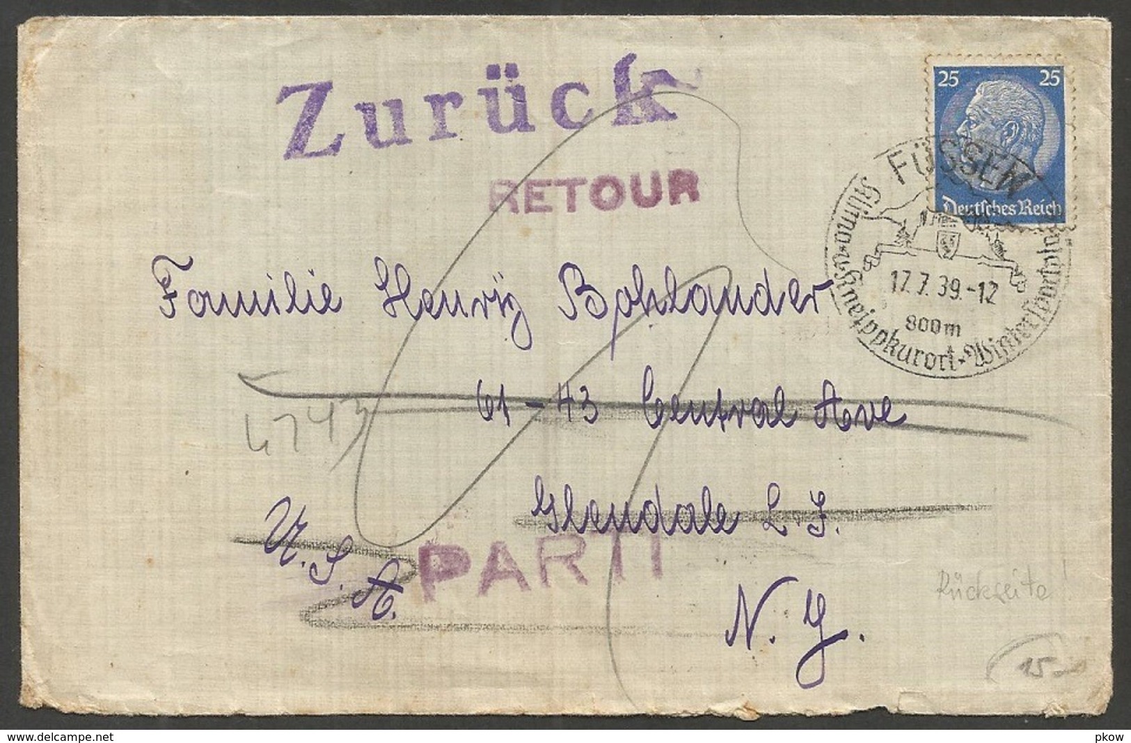 FÜSSEN Auf Brief Mit 25 Pf. Hindenburg Aus 1939, Nach Amerika, Und Zurück. Viele Stempel Rückseitig - Lettres & Documents