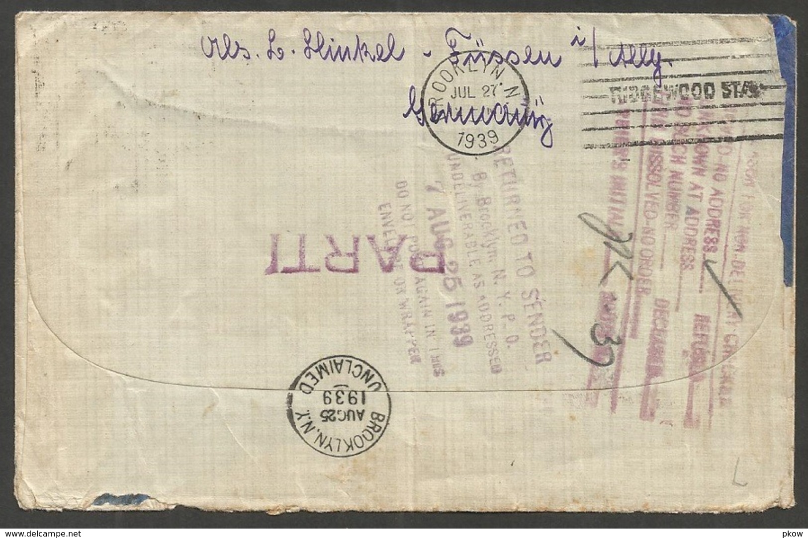 FÜSSEN Auf Brief Mit 25 Pf. Hindenburg Aus 1939, Nach Amerika, Und Zurück. Viele Stempel Rückseitig - Lettres & Documents