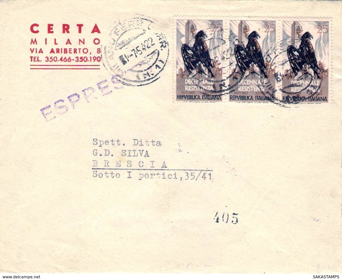 1954- Resistenza Striscia L.25 Su Busta Espresso - 1946-60: Poststempel