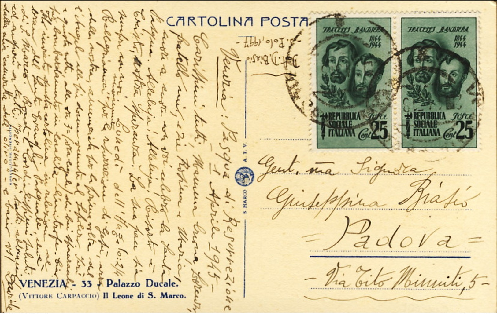 1945- Cartolina Venezia Affr. Coppia 5c. F.lli Bandiera - Marcophilia