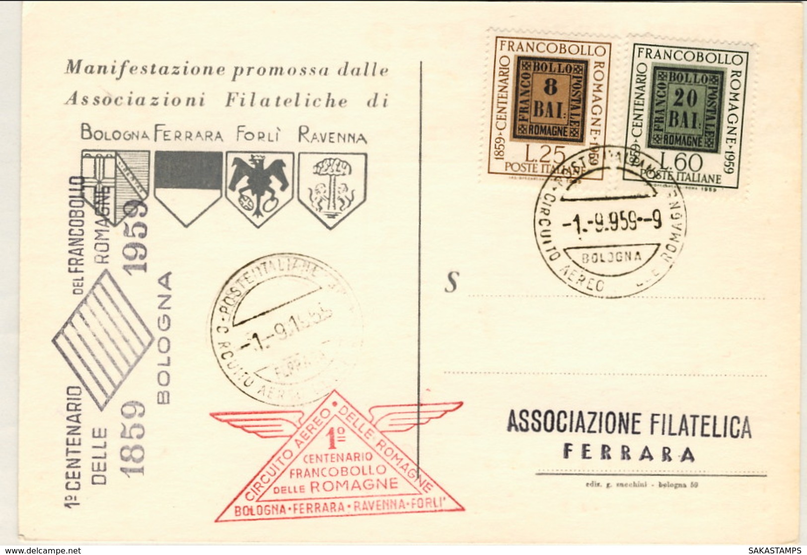 1959- Cartolina Affrancata Con S.2v."francobollo Delle Romagne" Annullo Circuito Aereo Delle Romagne-Bologna Ferrara Rav - 1946-60: Poststempel