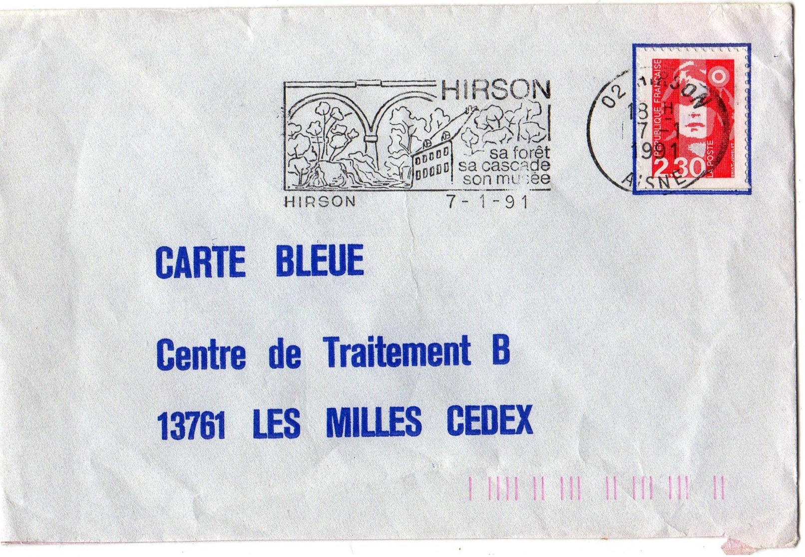 HIRSON 02 Aisne SECAP 'hirson Foret Cascade Musee"  1991 Marianne Briat 2.30 Rouge YT 2623 - Oblitérations Mécaniques (flammes)