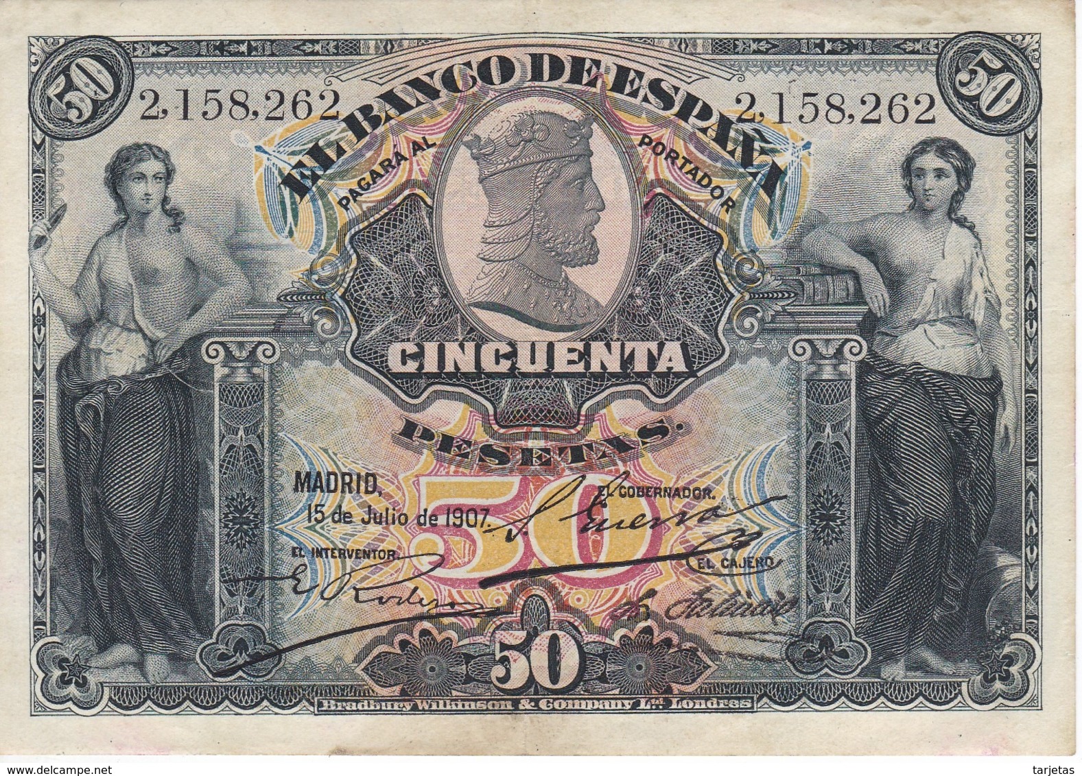 BILLETE DE ESPAÑA CLASICO DE 50 PTAS DEL AÑO 1907 EN CALIDAD EBC (XF) (BANKNOTE)  RARO Y DIFICIL - 50 Pesetas