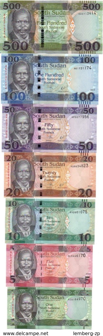 South Sudan - Set 7 Banknotes 1 5 10 20 50 100 500 Pounds 2011 - 2018 UNC Lemberg-Zp - South Sudan