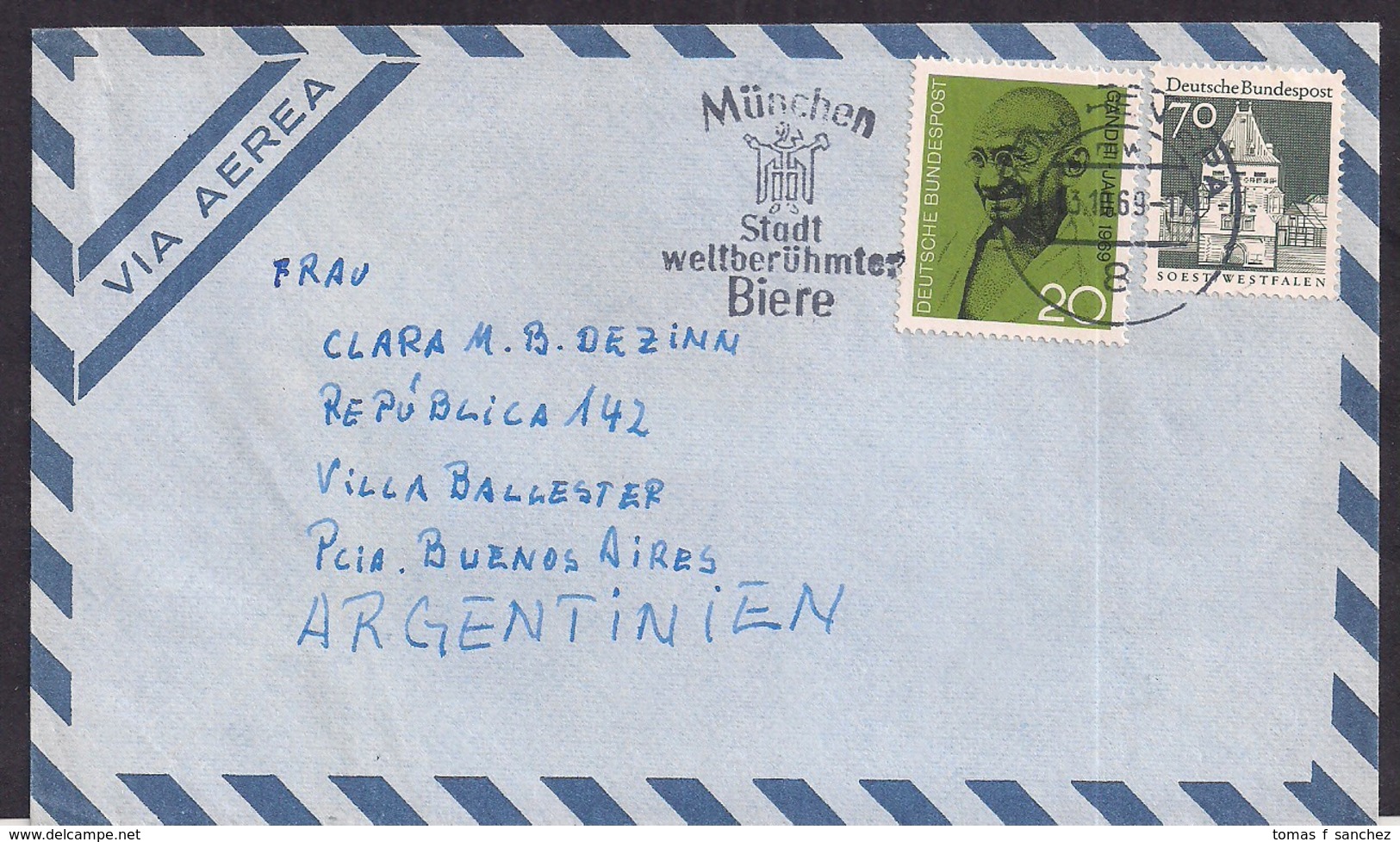 Deustche Bundespost - 1969 - Brief -> Argentinien - Ghandi - Mahatma Gandhi