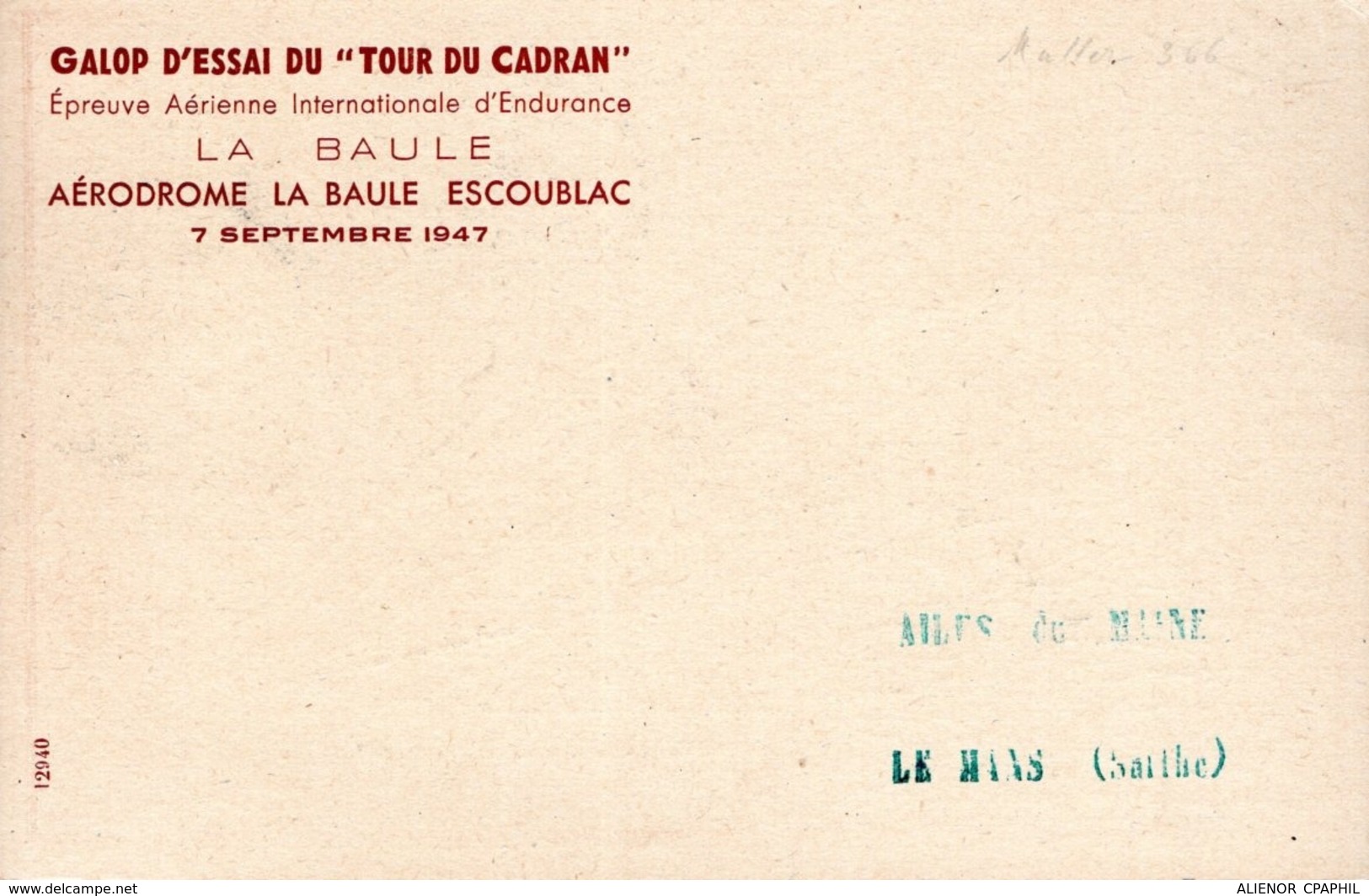 CARTE FRANCE 1947 - "LE TOUR DU CADRAN", LA BAULE, EPREUVE AERIENNE INTERNAT. D'ENDURANCE - - Aerei
