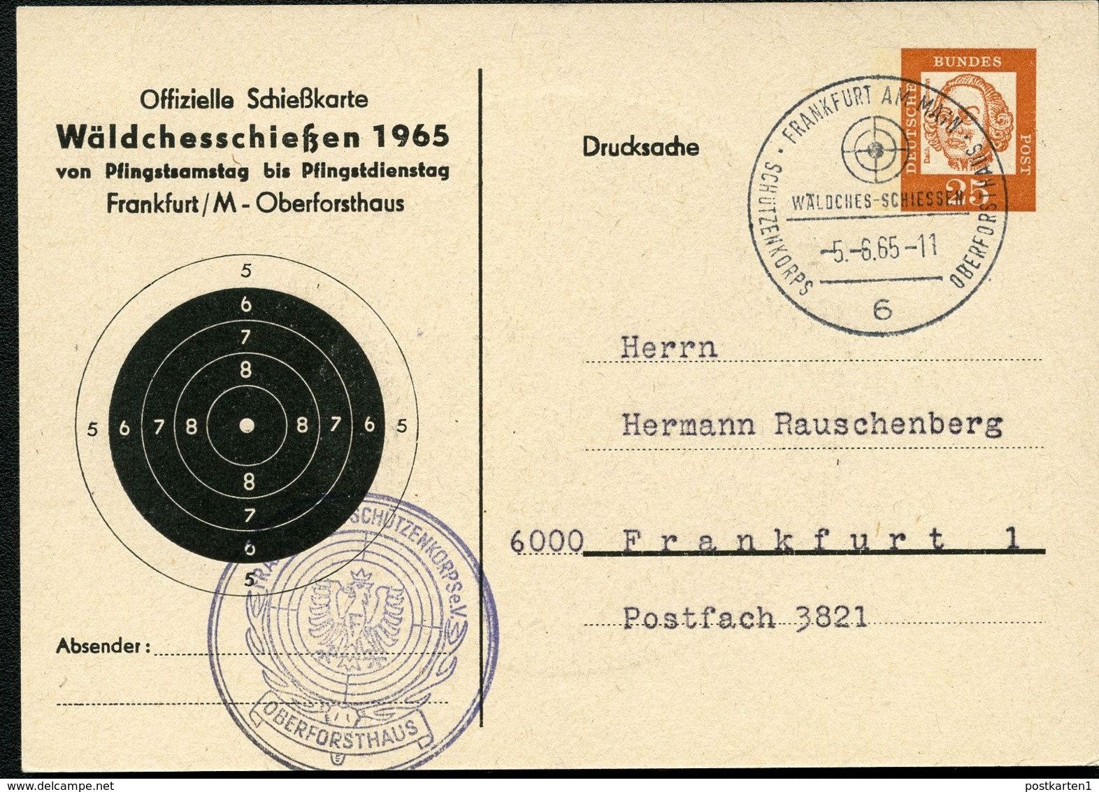 Bund PP31 C2/001 SCHIESSKARTE WÄLDCHESSCHIESSEN Sost.Frankfurt 1965 NGK 35,00 € - Cartes Postales Privées - Oblitérées