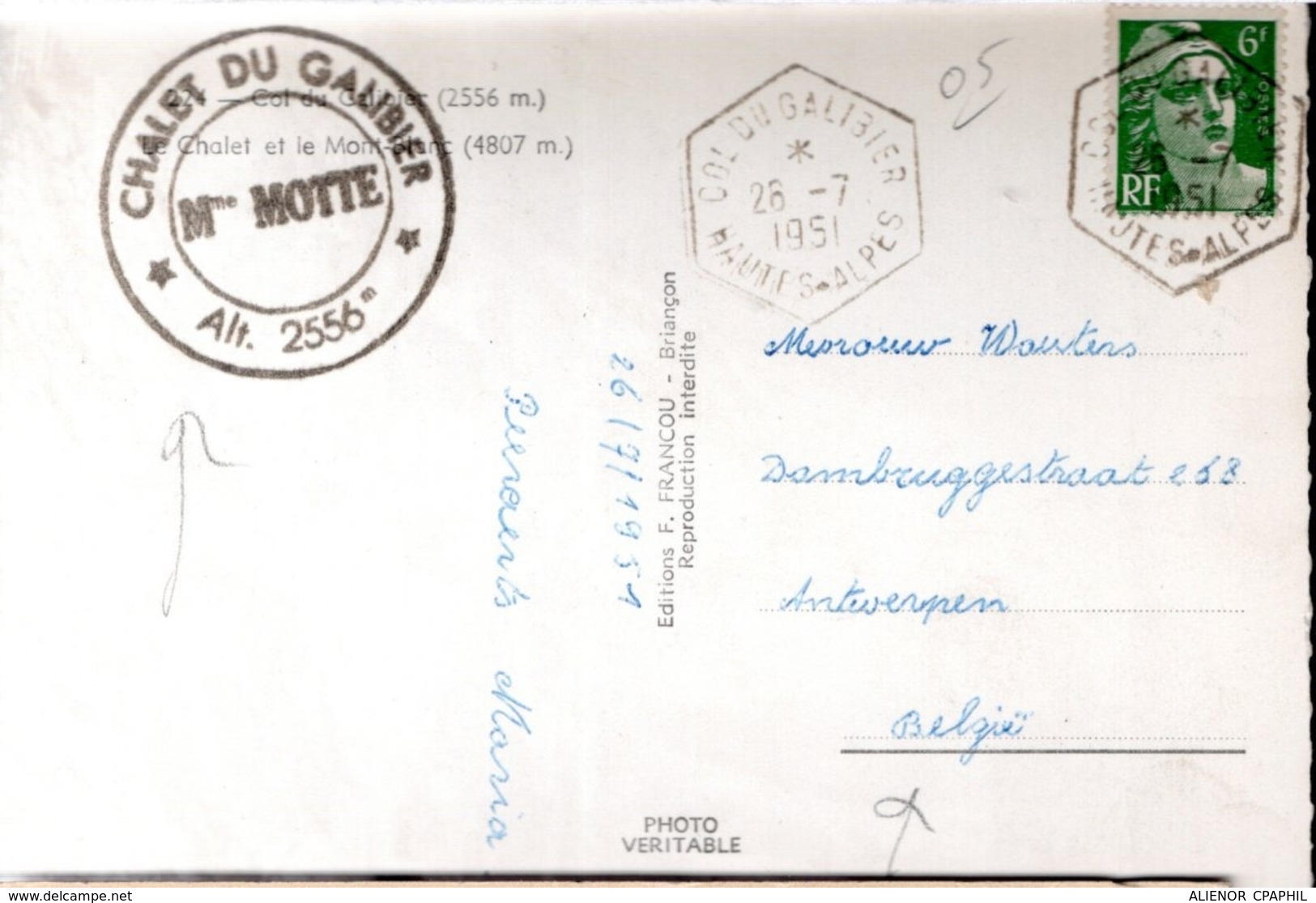 CARTE POSTALE FRANCE 1951 - CACHET POSTAL HEXAGONAL "COL DU GALIBIER" - - Altri & Non Classificati