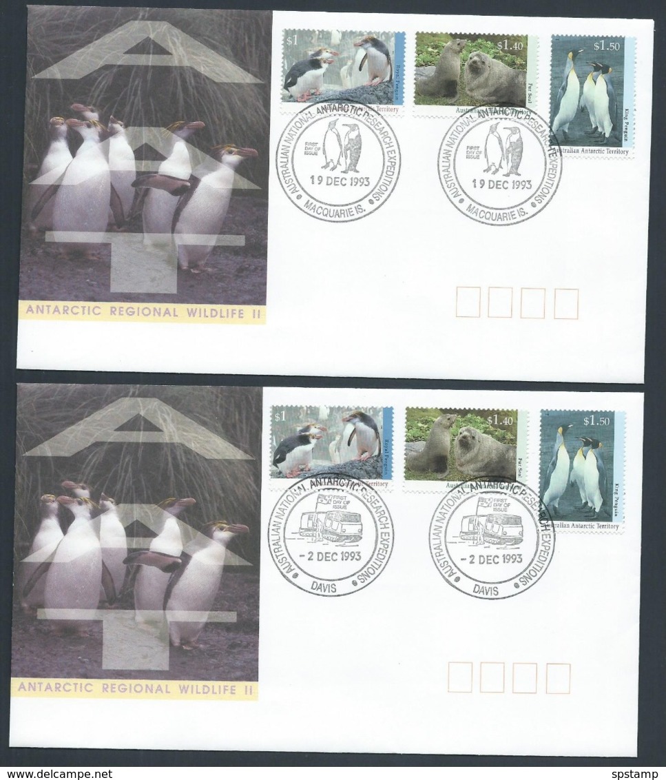 Australian Antarctic Territory 1993 Wildlife Series II Set 3 On 4 Base FDC Set Official Unaddressed - FDC