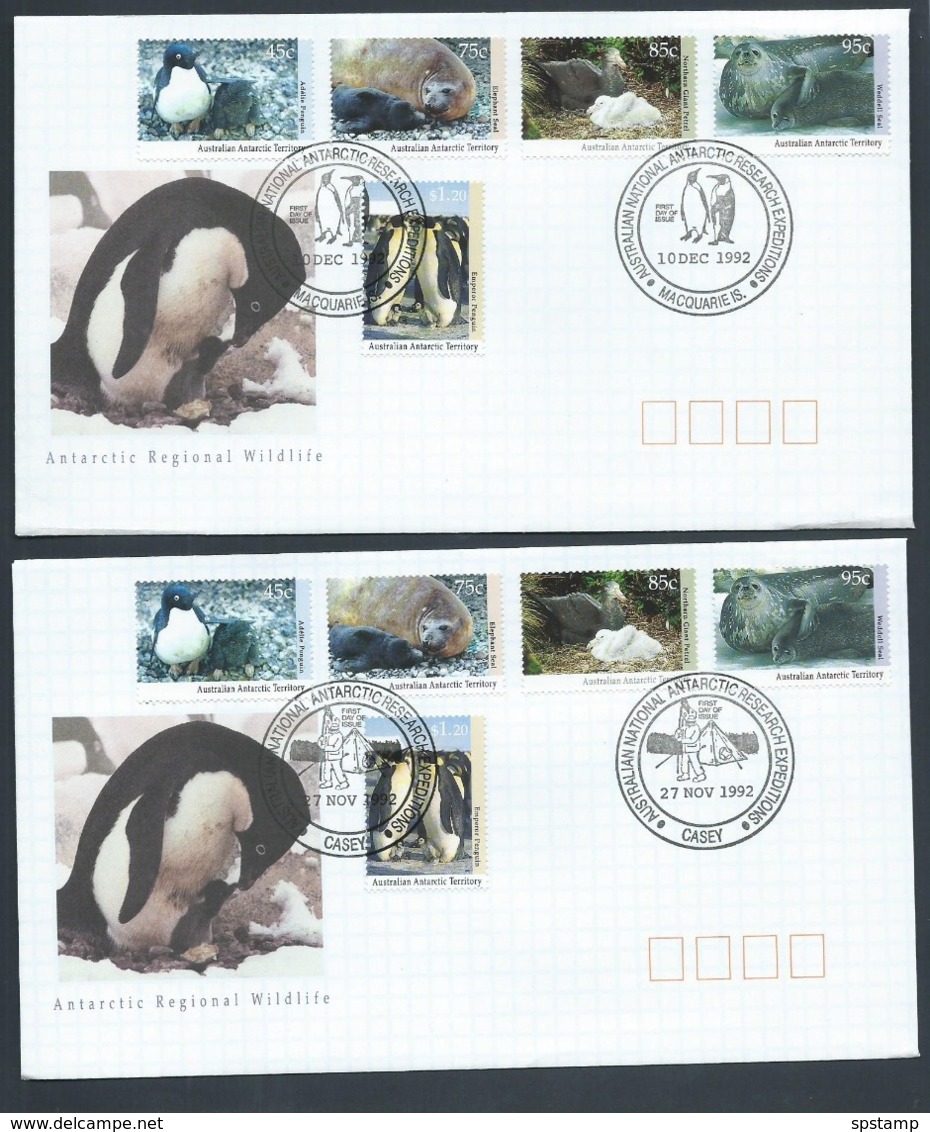 Australian Antarctic Territory 1992 Wildlife Series I Set 5 On 4 Base FDC Set Official Unaddressed - FDC