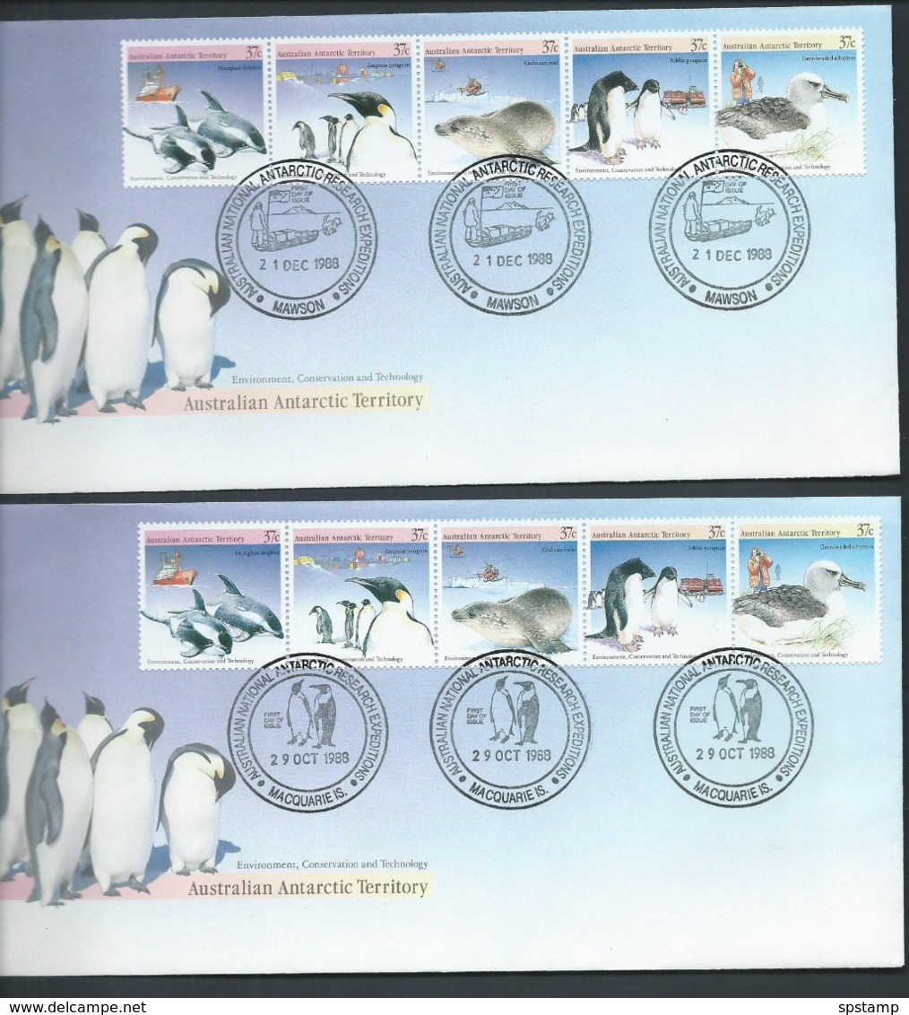 Australian Antarctic Territory 1988 Fauna & Environment Strip Of 5 On 4 Base FDC Set Official Unaddressed - FDC