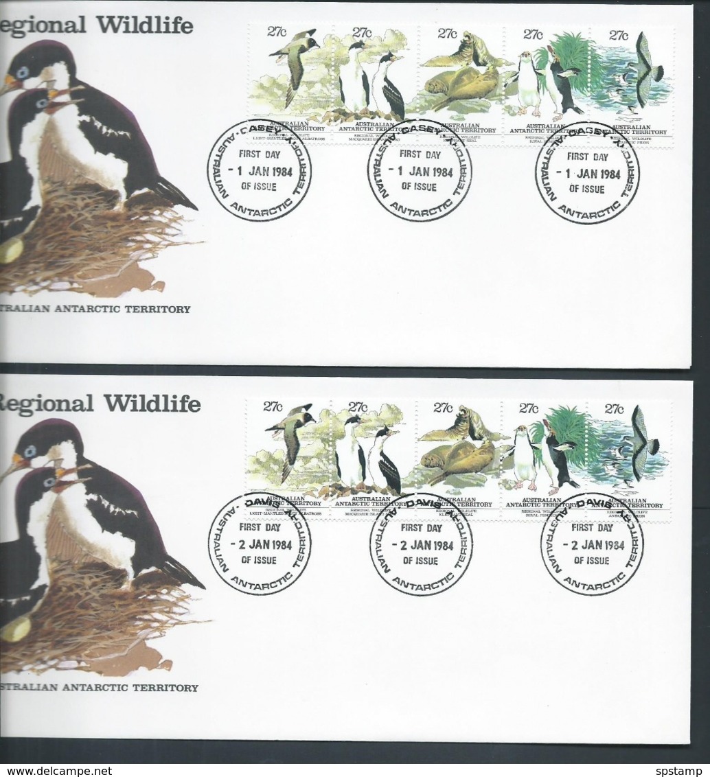 Australian Antarctic Territory 1983 Regional Wildlife Strip Of 5 On 4 Base FDC Set Official Unaddressed - FDC