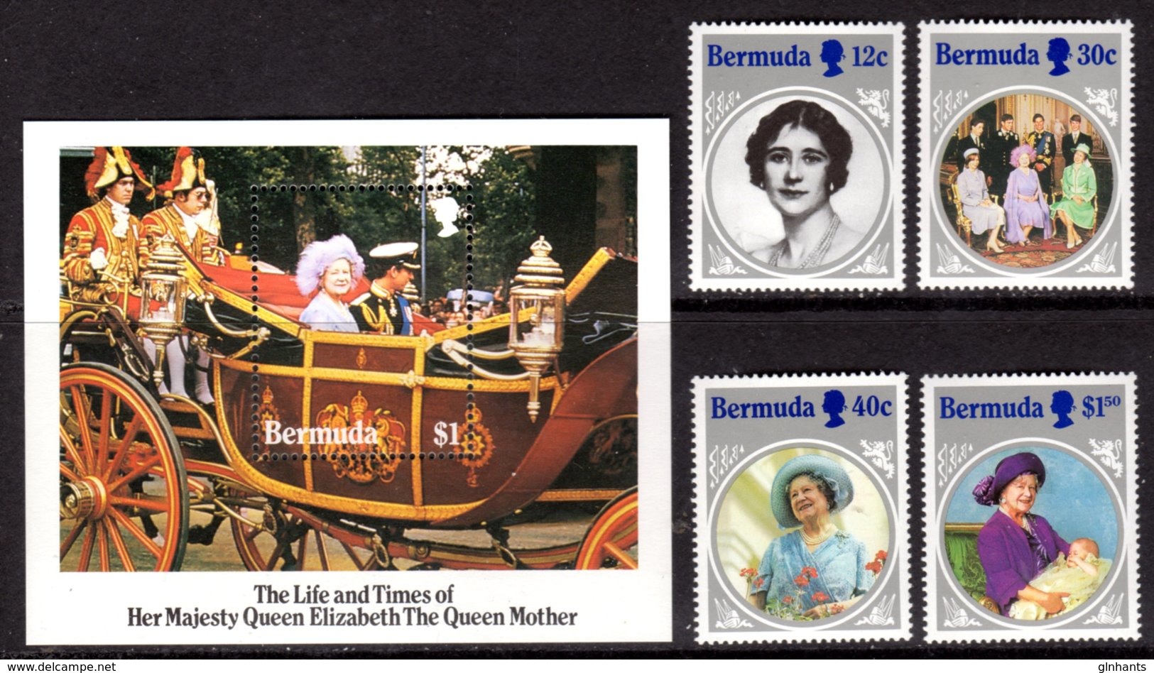 BERMUDA - 1985 LIFE & TIMES OF QUEEN ELIZABETH THE QUEEN MOTHER SET (4V) & MS FINE MNH ** SG 494-497, MS498 - Bermudes