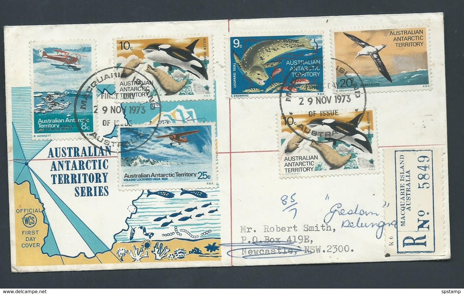 Australian Antarctic Territory 1973 Definitives 6 Values On Registered FDC Macquarie Island To Newcastle , Redirected - FDC