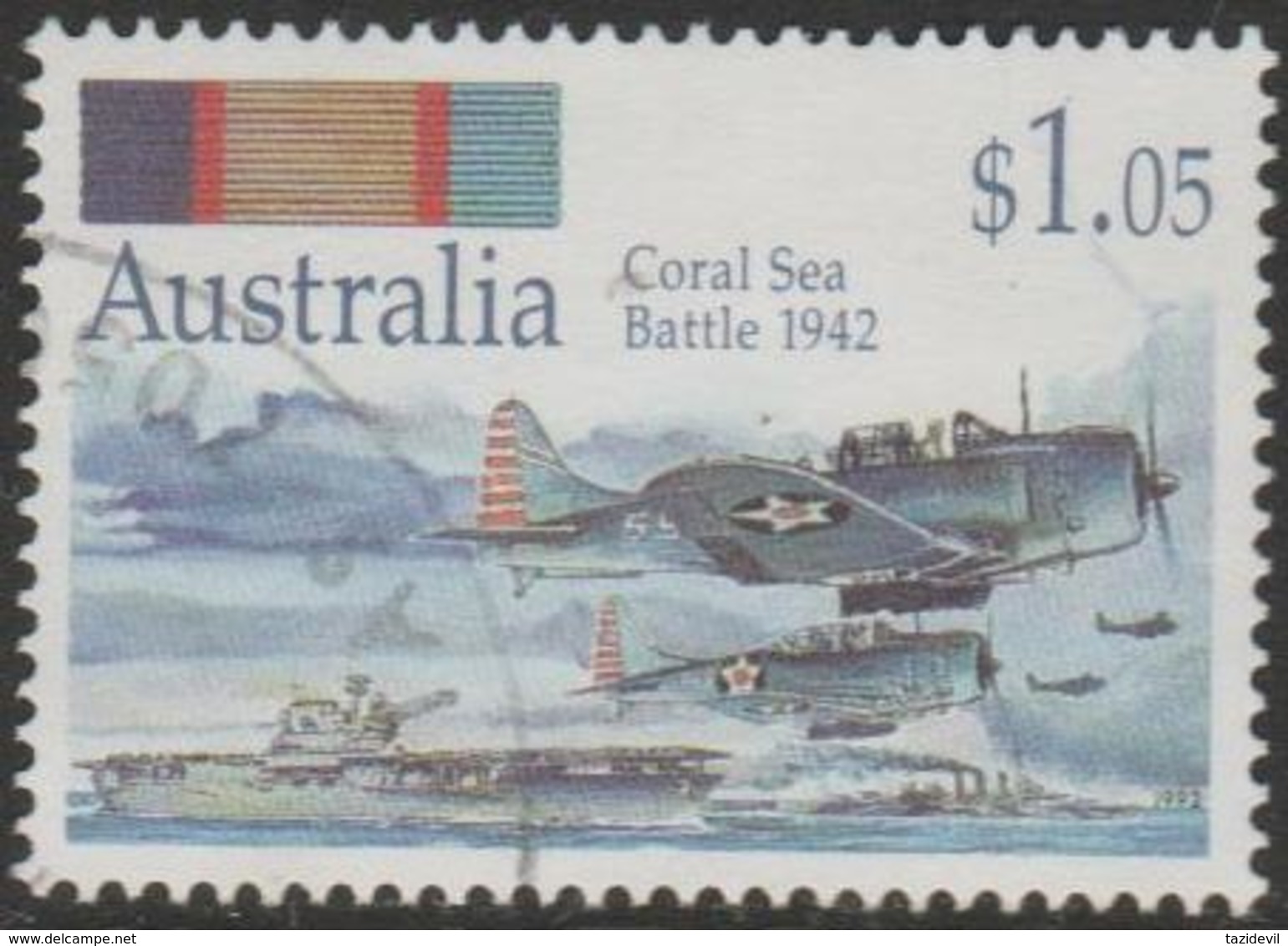 AUSTRALIA - USED 1992 $1.05 Australia At War - Coral Sea Bettle - Ships, Aircraft - Usados