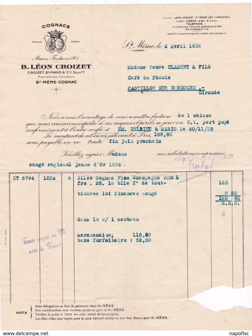 16-B.L.Croizet.. Cognacs..Saint-Même (Charente) 1936 - Other & Unclassified