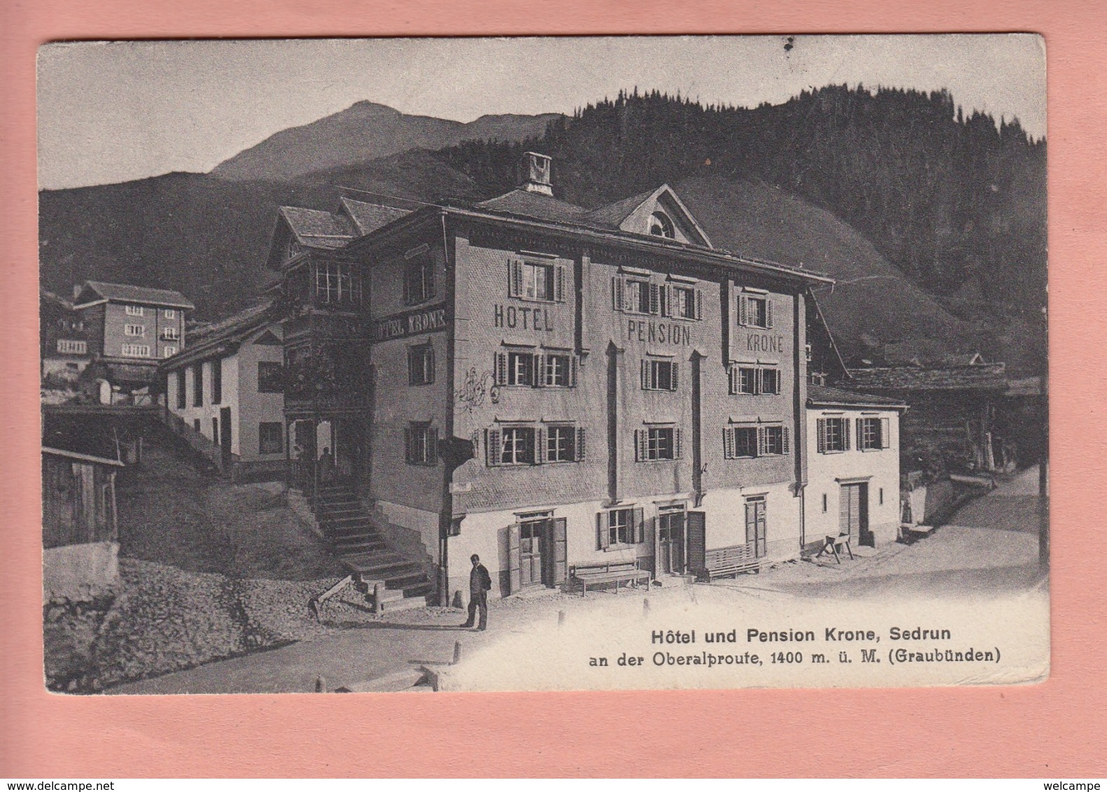 OUDE POSTKAART ZWITSERLAND - SCHWEIZ -  HOTEL UND PENSION KRONE - SEDRUN  - 1912 - Sonstige & Ohne Zuordnung