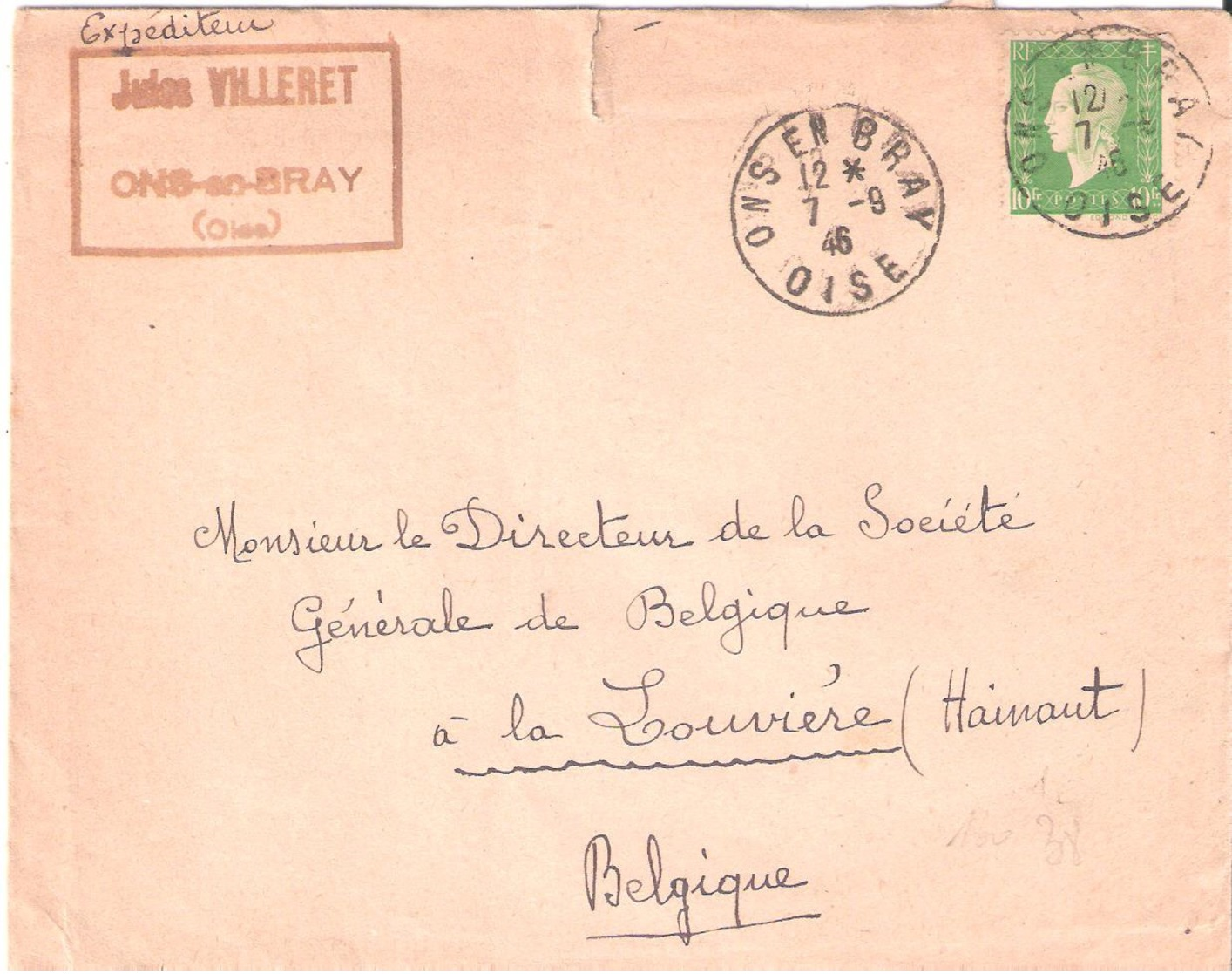 10f.Marianne De Dulac Sur Lettre Pour La Belgique Oblitéré ONS EN BRAY Oise - 1921-1960: Période Moderne