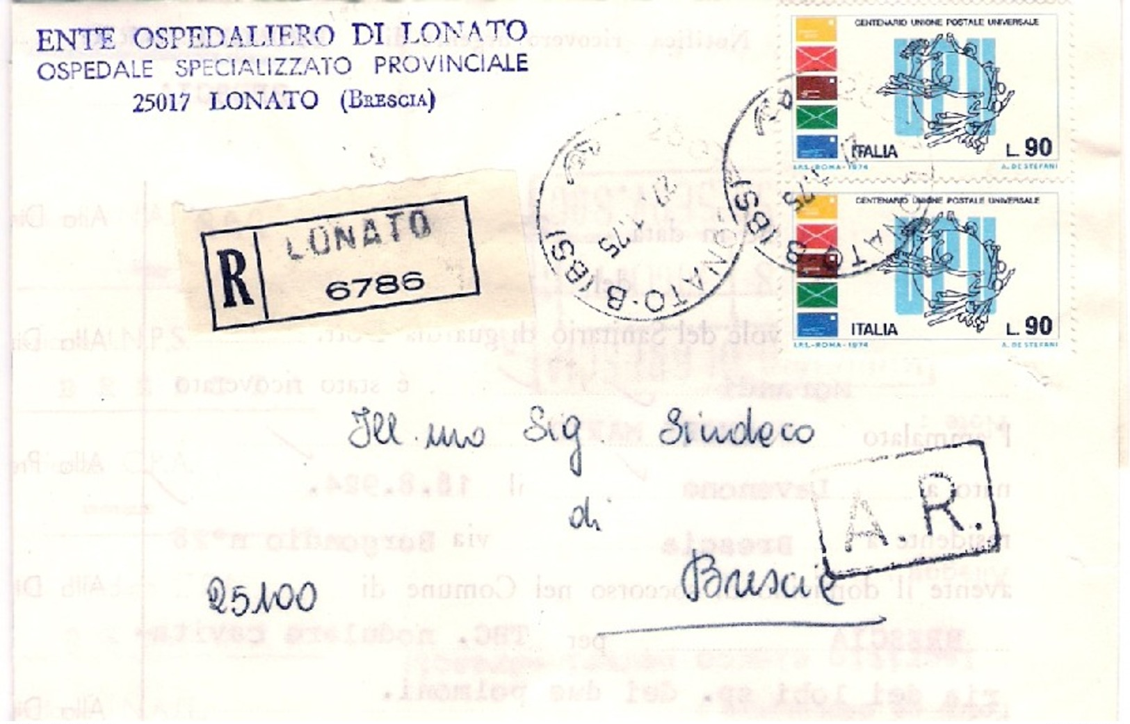 1975-piego Ospedaliero Raccomandato Affrancato Coppia L.90 Centenario Upu - 1971-80: Storia Postale