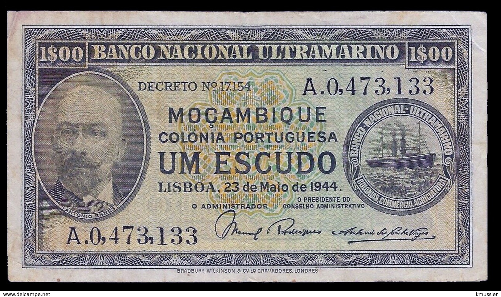 # # # Seltene Banknote Portugiesisch Mosambik 1 Escudos 1944 # # # - Mozambique