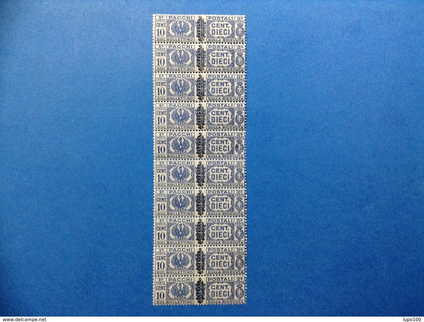 1945 ITALIA LUOGOTENENZA FRANCOBOLLO NUOVO STAMP NEW MNH** 10 CENT PACCHI POSTALI CON SOPRASTAMPA FREGIO BLOCCO DI 10 - Postpaketten