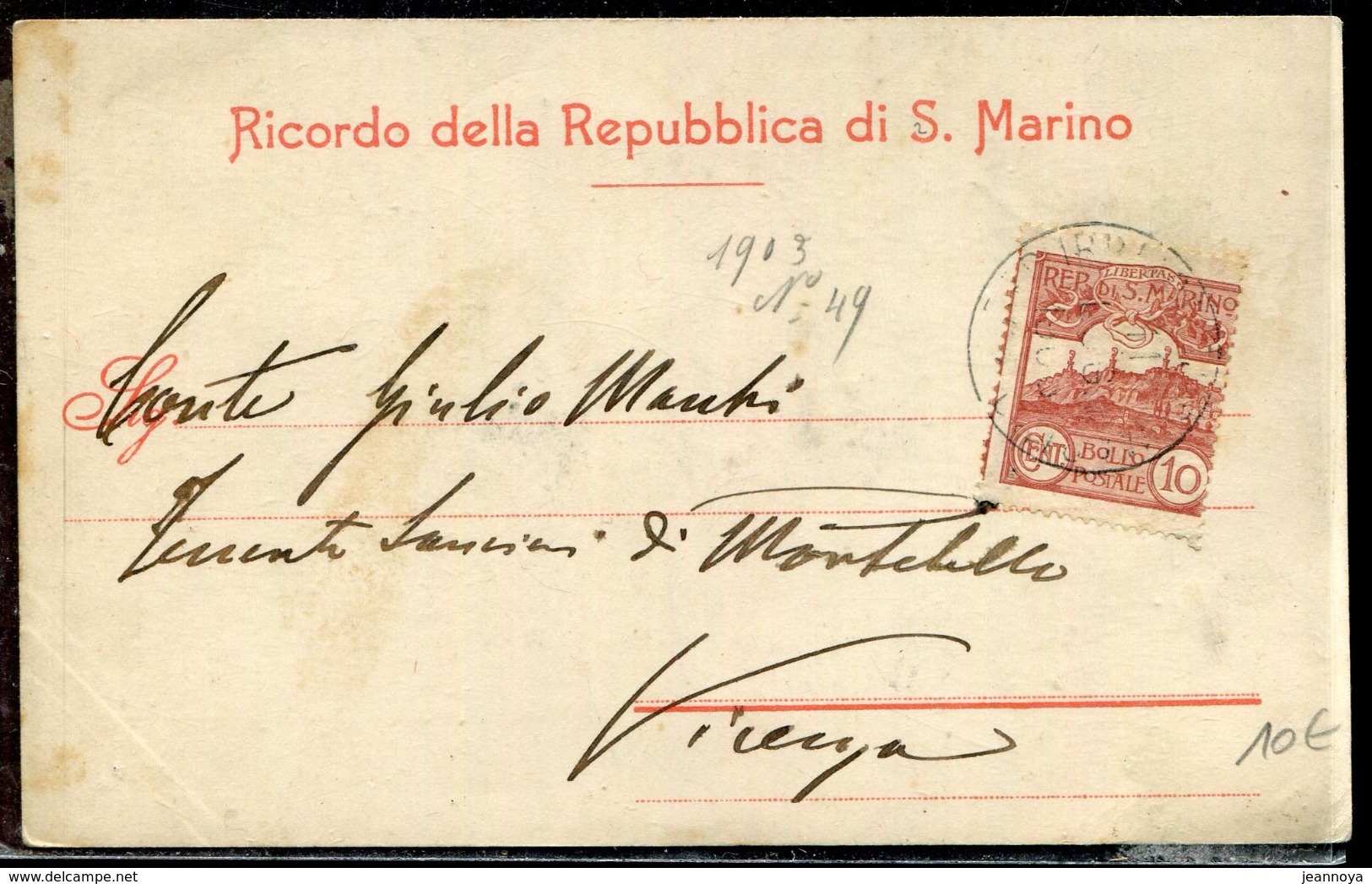 SAINT MARIN - N° 36 / CPA DU 11/7/1906 POUR VIENNE - TB - Covers & Documents