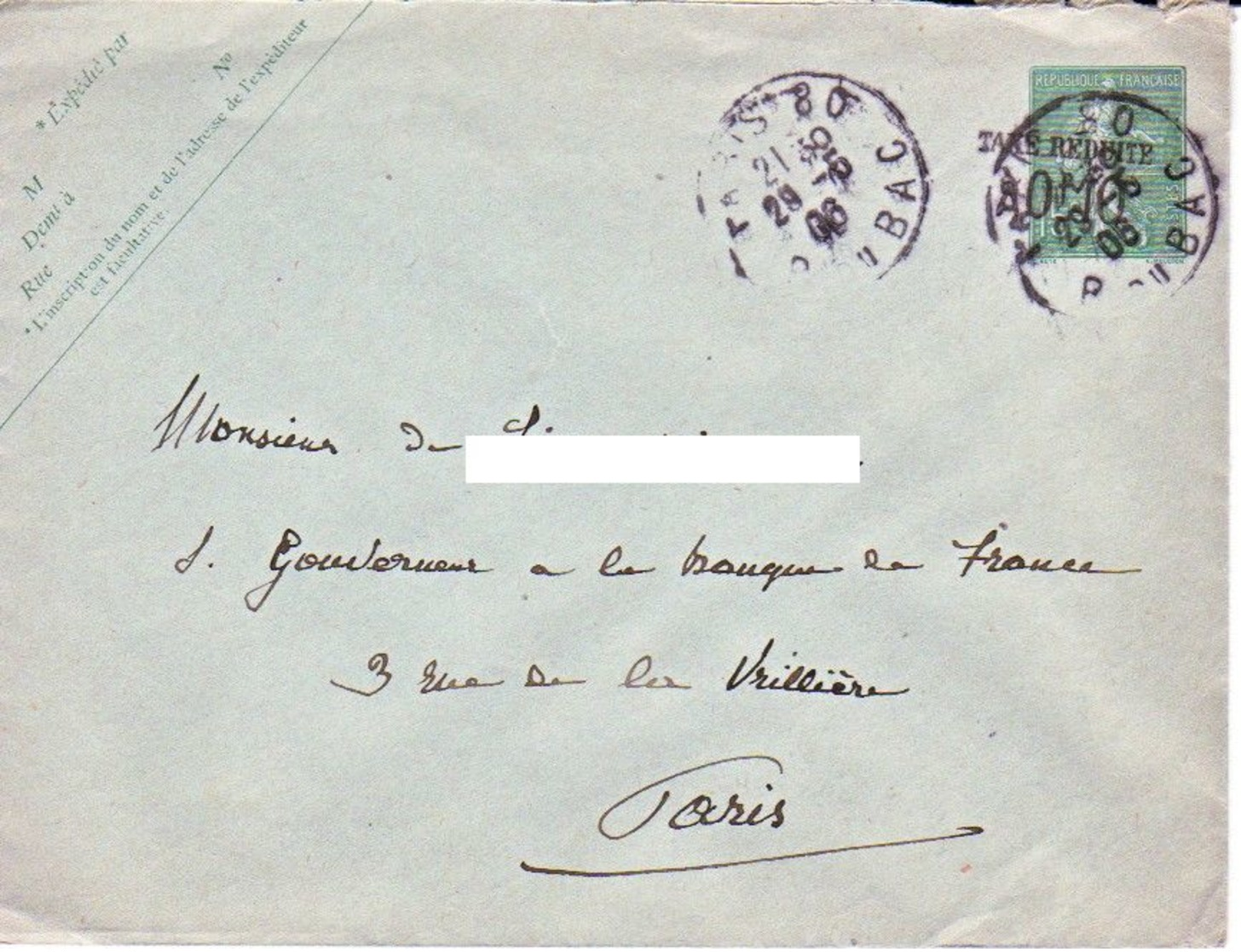 FRANCE : 1906 - Taxe Réduite Sur Entier  à Destination Du Gouverneur De La Banque De France - Enveloppes Types Et TSC (avant 1995)